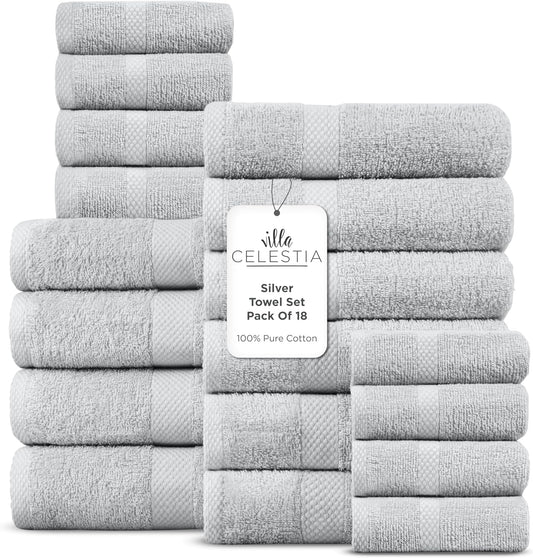 100% Cotton Bath Towel Set of 18-4 Bath Towels, 6 Hand Towels, 8 Wash Cloths, Sustainable, Soft, Highly Absorbent, Combed Cotton 18 Piece Set for Hotels, Spa, Bathroom, Dorm, Silver