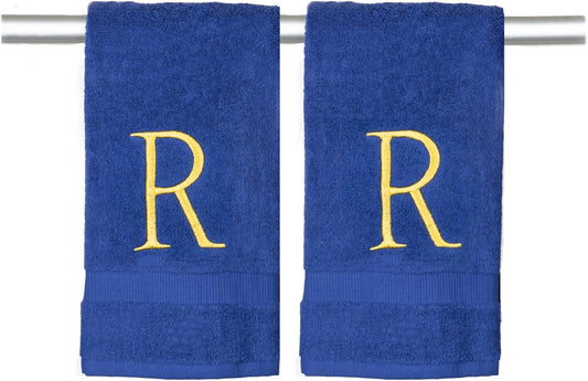 Gold and Navy Monogrammed Hand Towel - Monogram Initial Hotel Quality Decorative Embroidered Luxury Towel for Powder Room, Spa - GOTS Organic Certified - Pack of 2, Letter R