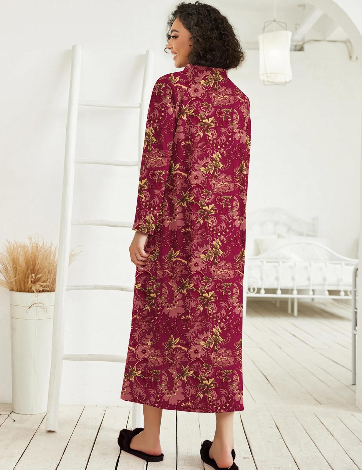 Ekouaer Women Zipper Robe Long Sleeve Loungewear Lightweight Housecoat Full Length Nightgown with Pockets