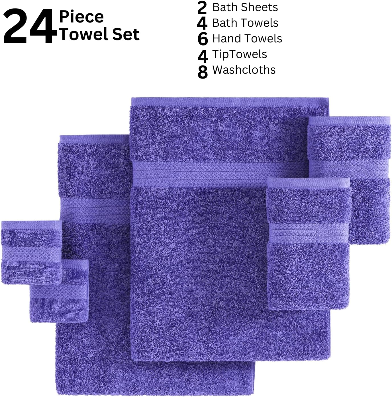 Lane Linen 100% Cotton Bathroom Towel Set - 24 Pcs - Ring Spun, Quick Dry, Very Soft & Absorbent - 2 Bath Sheets, 4 Fingertip, 4 Bath, 6 Hand Towels, 8 Washcloths - Medium GSM, Pre Shrunk - Blue Irish