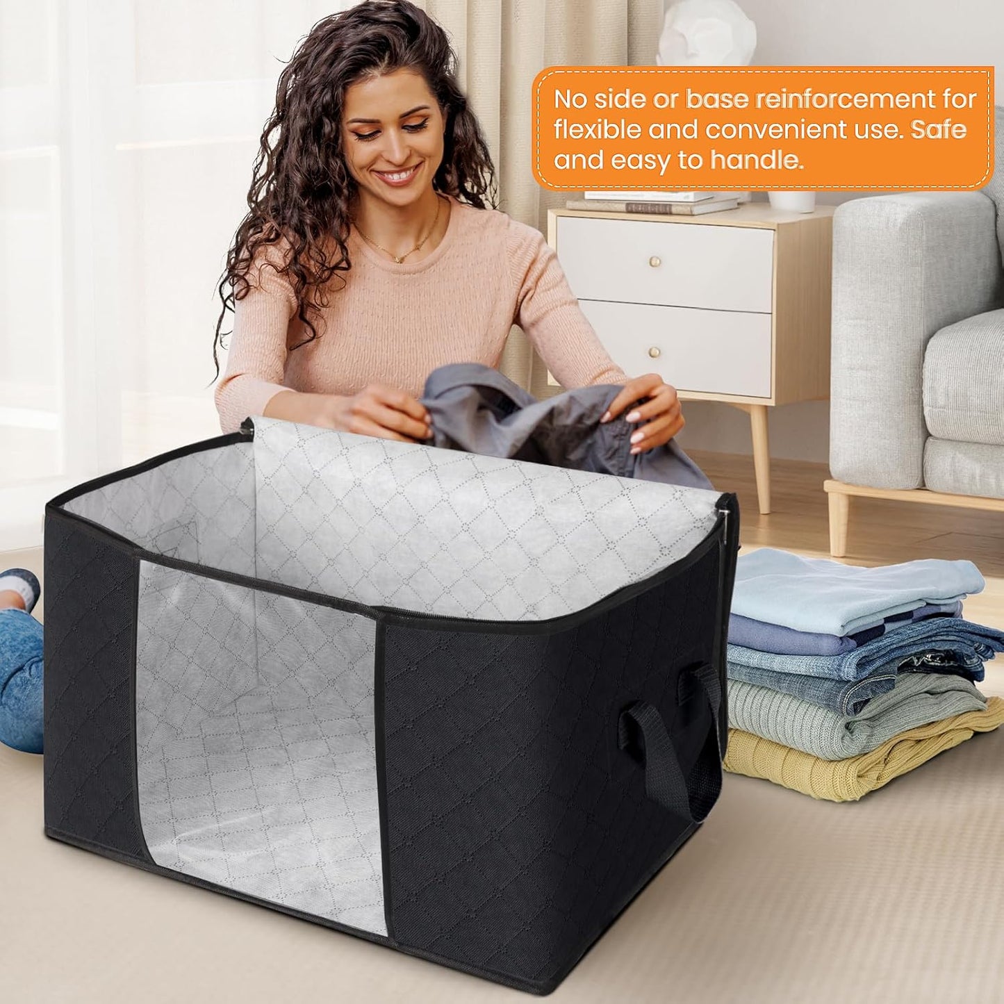 Fab totes 24 Gallons Clothes Storage, Foldable Thick Fabric Blanket Storage Bags, Containers for Organizing Bedroom, Closet, Clothing, Comforter, Organization with Handle (6 Pack,Black)