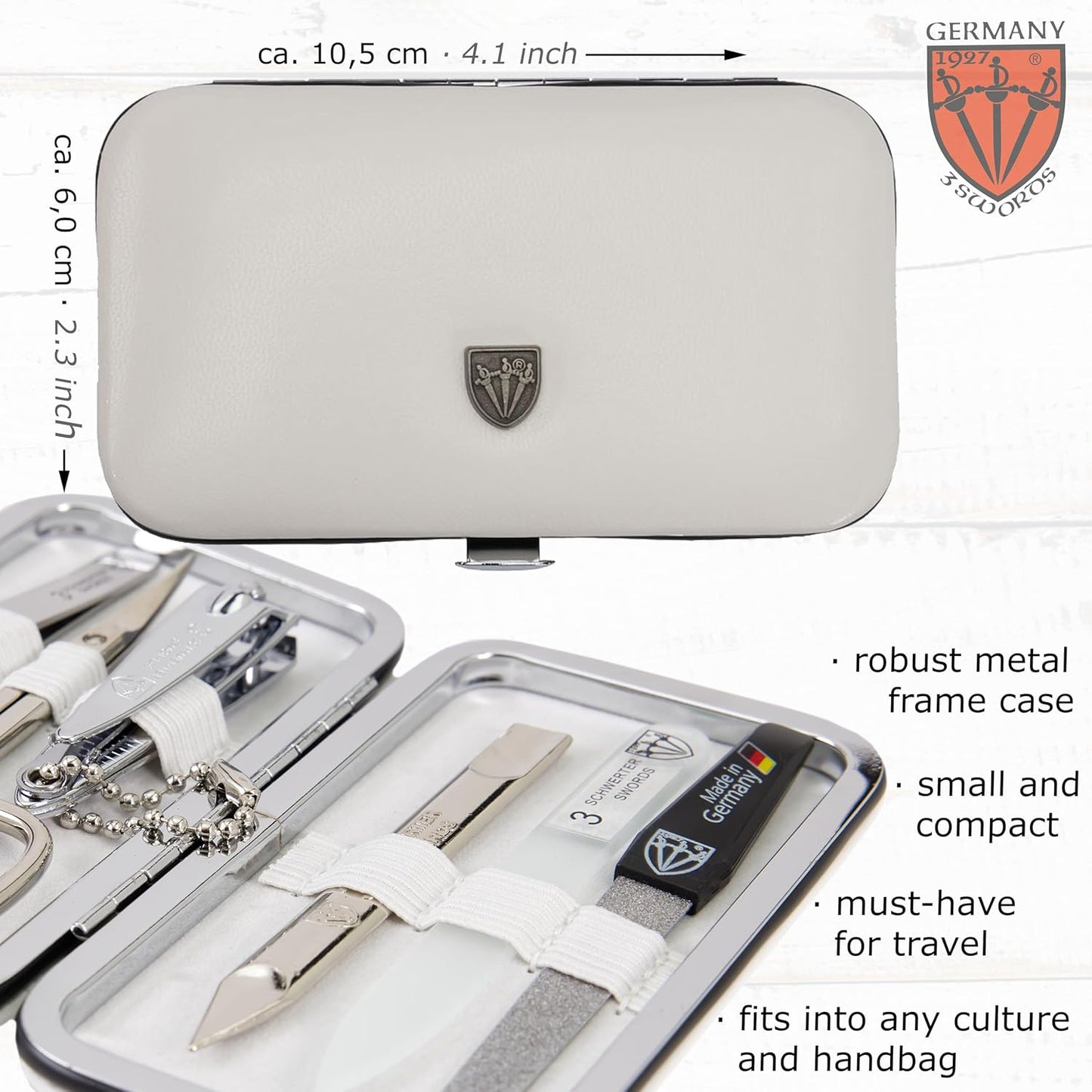 3 Swords Germany - Brand Quality 6 Piece Manicure Pedicure Grooming kit Set - Scissors, Metal and Glass Nail File, Clipper, Tweezers with Synthetic Leather case - White