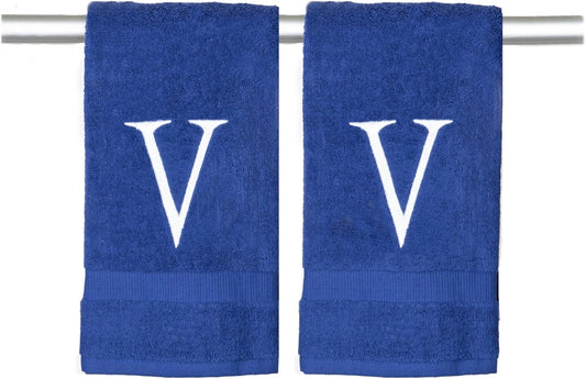 Navy Initial Hand Towel for Bathroom - Monogrammed Luxury Hotel Quality Decorative Embroidered Towel for Powder Room, Spa - GOTS Organic Certified - Set of 2 Letter V