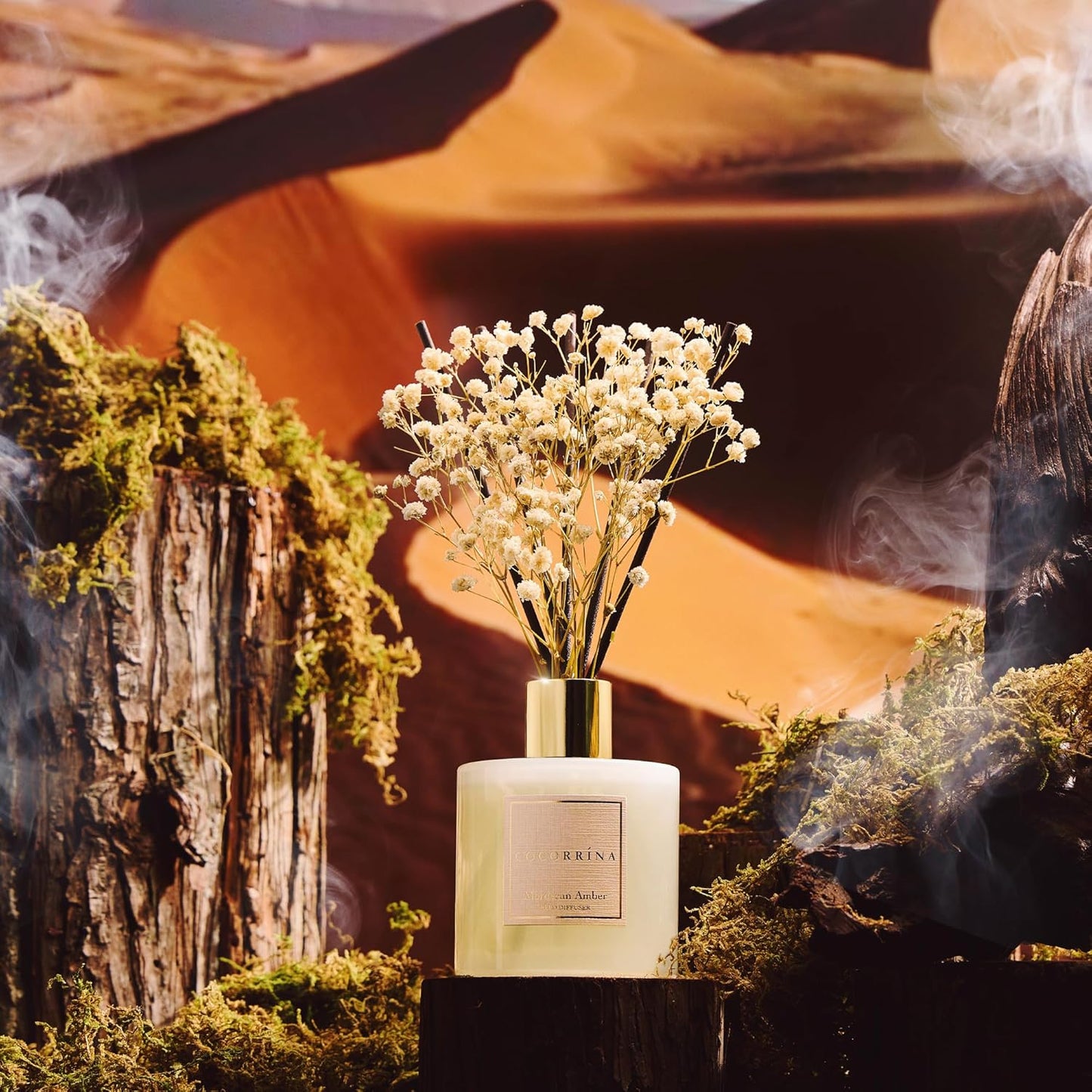 COCORRÍNA Reed Diffuser - Moroccan Amber 6.7 Fl.oz Reed Diffuser Set with Sticks & Preserved Baby's Breath, Reed Diffuser for Home Bathroom Shelf Decor