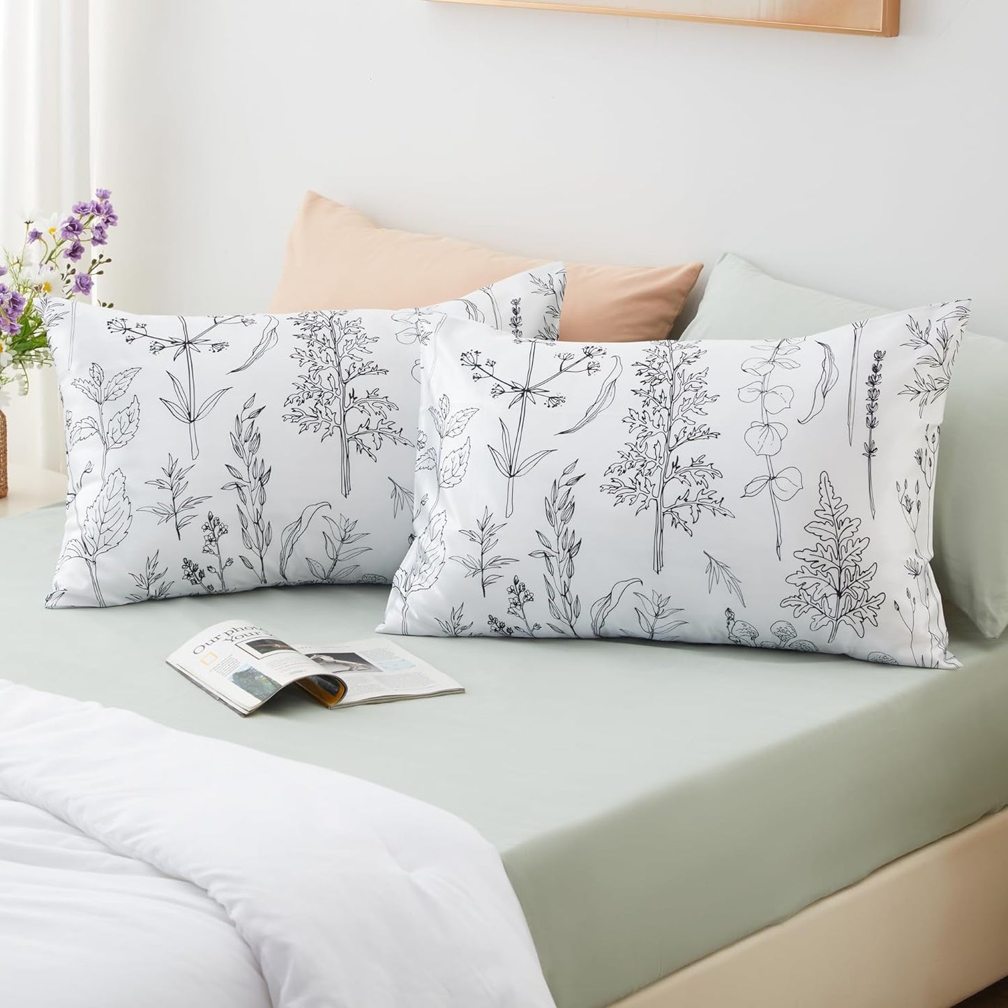 EXQ Home Silky Satin Pillowcase for Hair and Skin,Pillow Cases Standard Size Set of 2 Satin Pillow Case 2 Pack with Envelope Closure Flowers with White Background