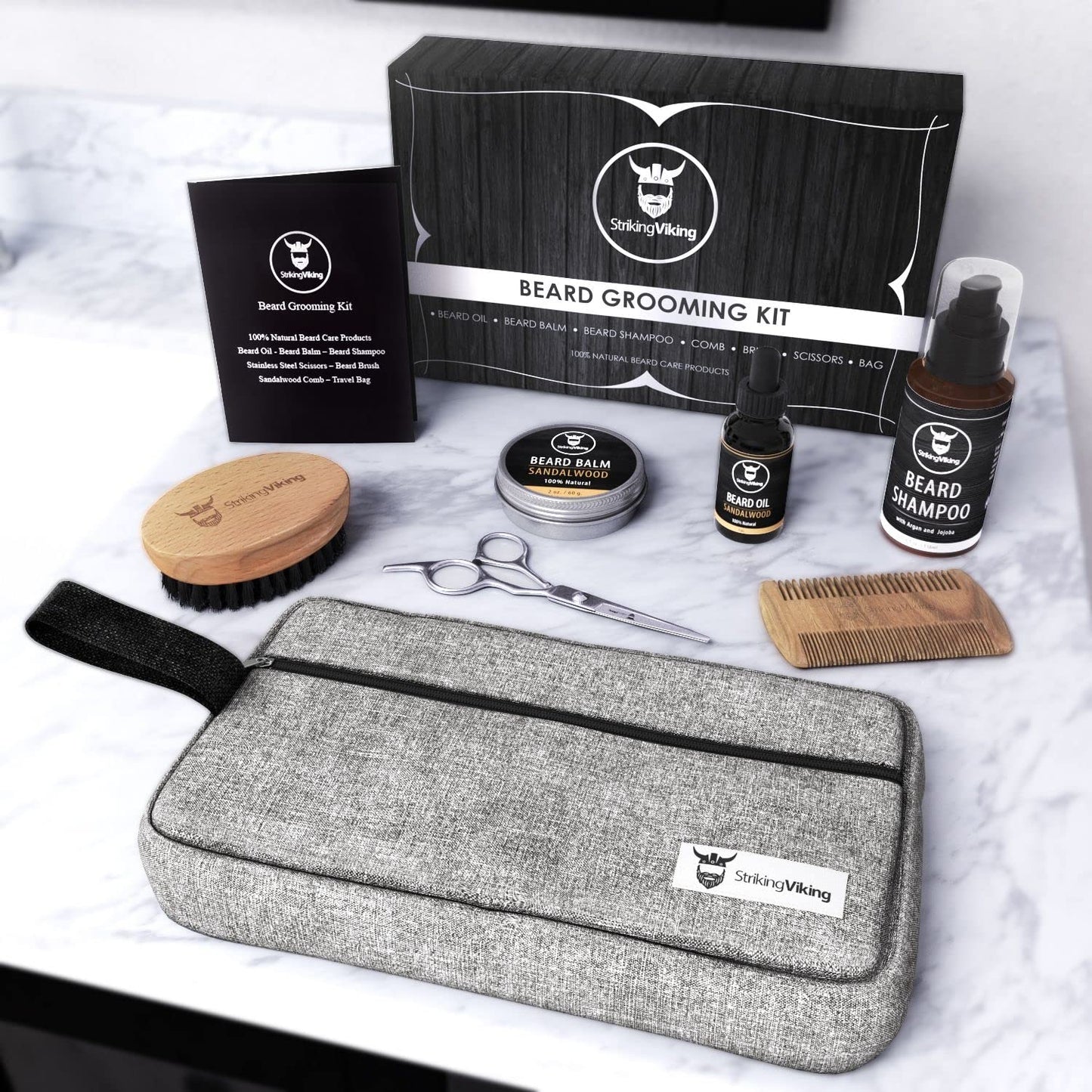 Striking Viking Grooming Kit - Premium Care Products for Men with Beard Shampoo, Oil, Balm Butter, Brush, Wooden Comb, Mustache Scissors & Toiletry Bag