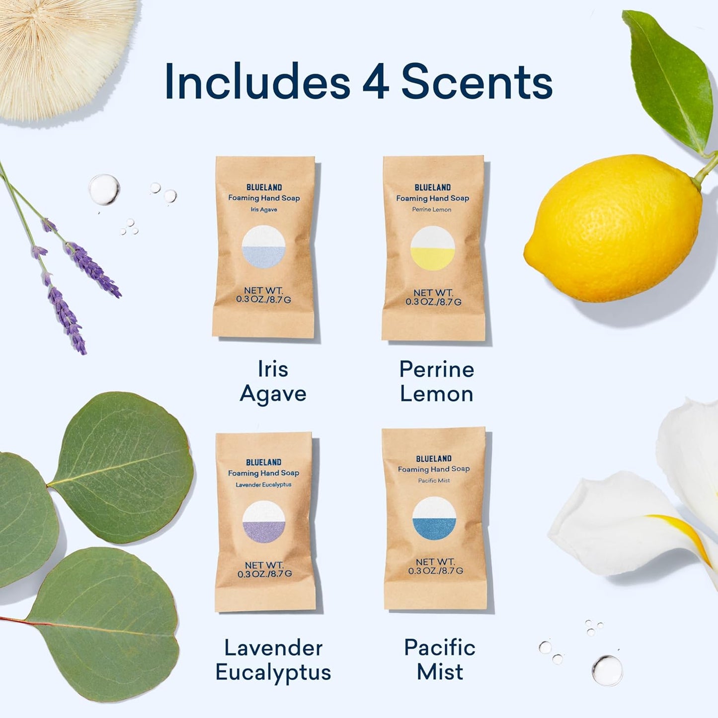 BLUELAND Foaming Hand Soap Refill Tablets, 4-Pack, Variety Pack Scents, Eco Friendly Cleaning Products, 4 x 9 Fl oz