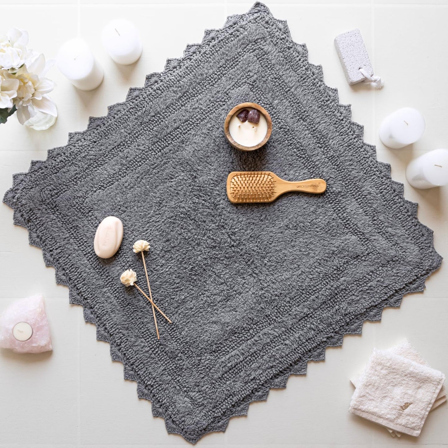 RAJRANG Titanium Grey Square Cotton Bath Mat – 24 Inch Crochet Pattern Bathroom Rug, Absorbent and Reversible Soft Mat for Daily Use in Vanity, Spa, Kitchen, or Entryway Decor