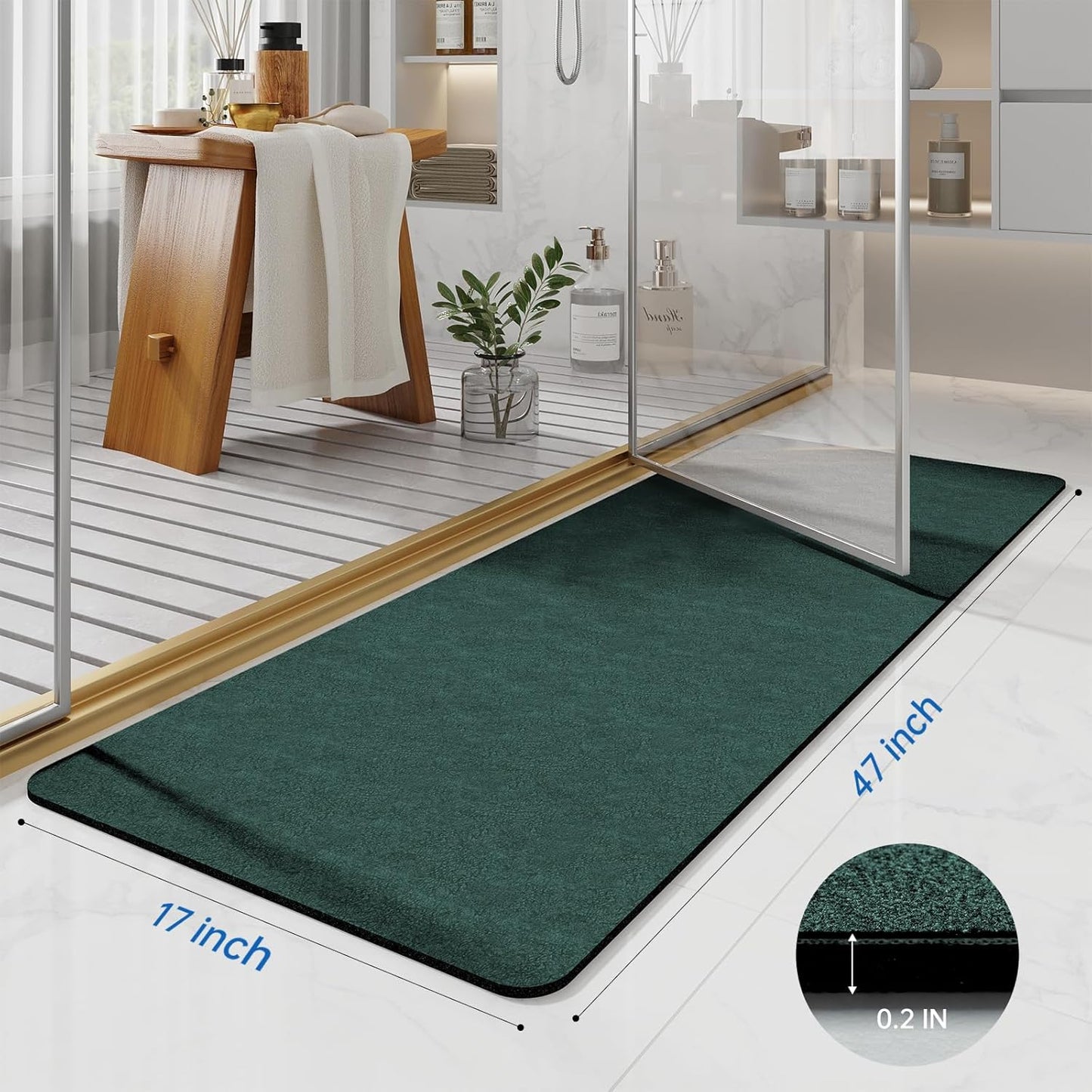 Bathroom Mat Rugs 47x17, Long Diatomaceous Earth Bath Mat Large Quick Dry Bath Mat Non Slip Rubber Backed Super Absorbent Shower Mat, Thin Bathroom Runner Rugs Floor Mat Fit Under Door, Dark Green
