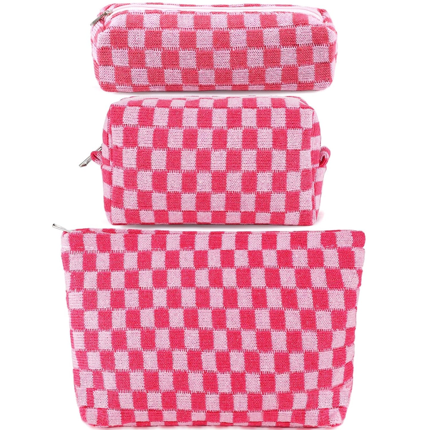 ZLFSRQ 3Pcs Makeup Bag Checkered Cosmetic Bag Set Travel Toiletry Bags for Purse Large Small Makeup Pouch for Women Cute Preppy Pencil Pouch Case Pink Zipper Skincare Bags