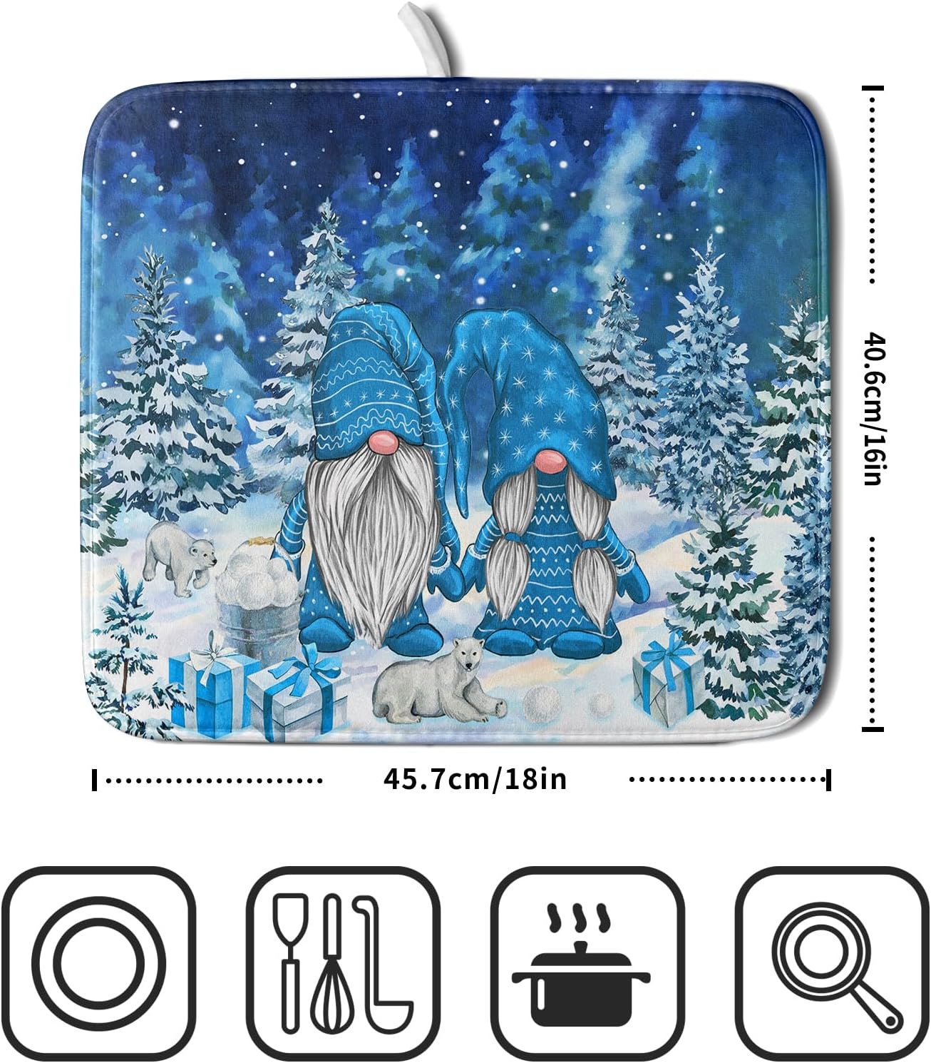 Winter Blue Gnome Dish Drying Mat for Kitchen Counter Pine Tree Microfiber Dish Pad Absorbent Reversible Fast Dry Draining Mats 16x18 Inch