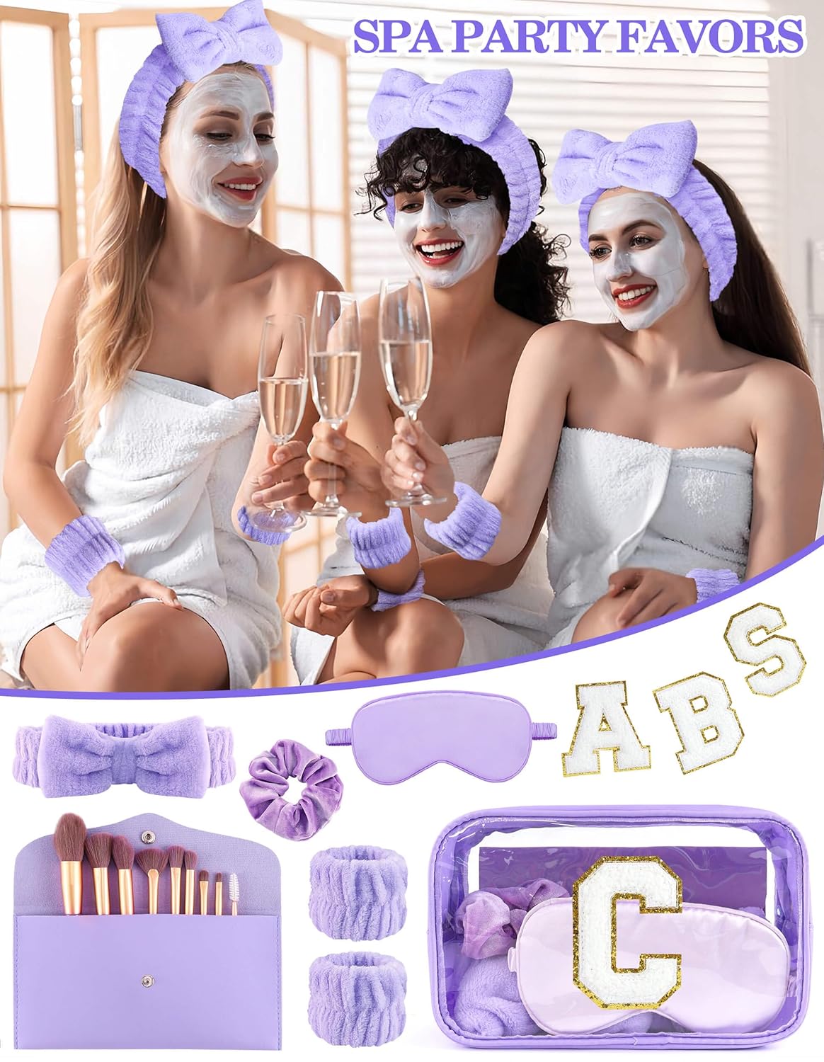 Gift Sets for Women, Initial Makeup Bag with Makeup Brush Set Bachelorette Party Favors, Purple Spa Kit with Skincare Headbands Wrist Bands Sleepover Party Supplies Gifts for Teen Girls Bridesmaid C