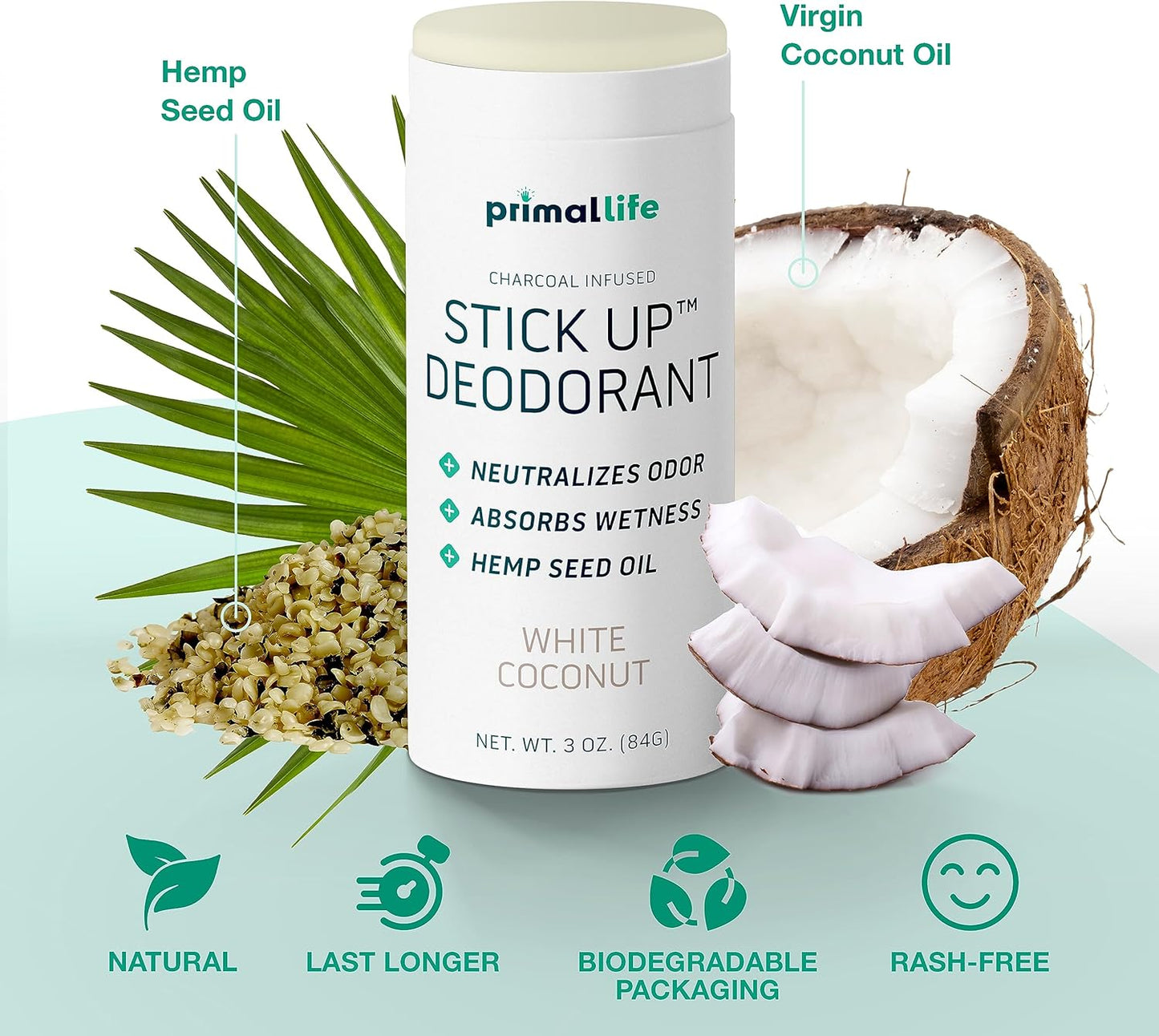 Stick Up Natural Deodorant for Women and Men with Bentonite Clay Powder, Arrowroot, Magnesium, Zinc, 3 oz. Vegan Deodorant for 3-4 months, White Coconut - Primal Life Organics