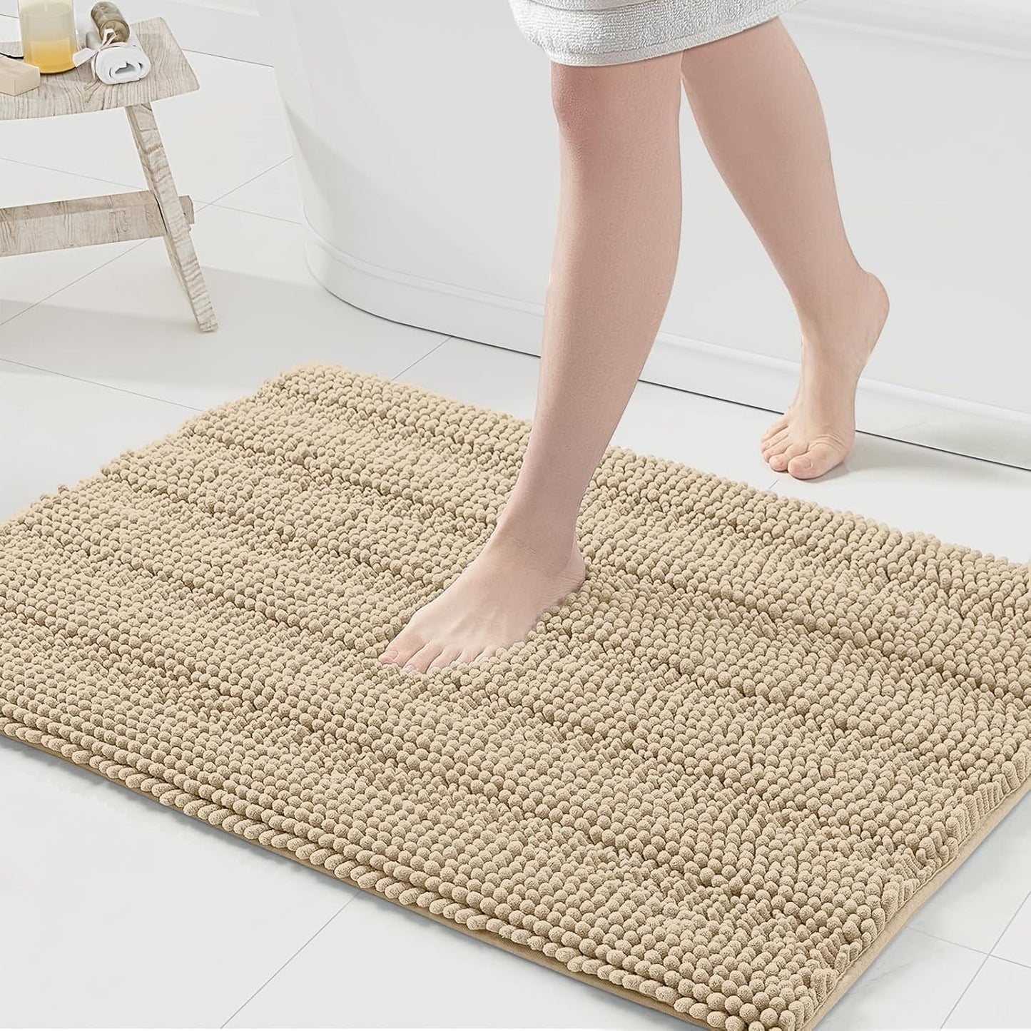 Grandaily Chenille Striped Bathroom Rugs 36x24, Extra Thick and Absorbent Bath Mats, Non-Slip Soft Plush Shaggy Shower Carpet, Machine Wash Dry, Bath Rug for Bathroom, (Large, Beige)