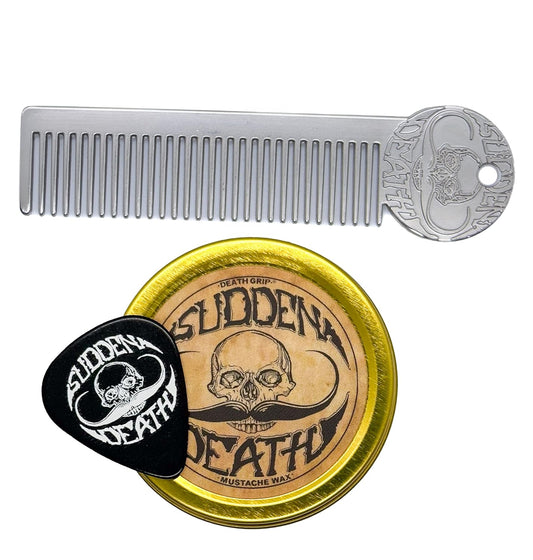 Mustache Wax Strong Hold Sudden Death 1 oz Tin & Platinum Death Grip Mustache Comb Mens Combo Kit - Grooming For Men Handlebar Moustache & Beard Wax Styling