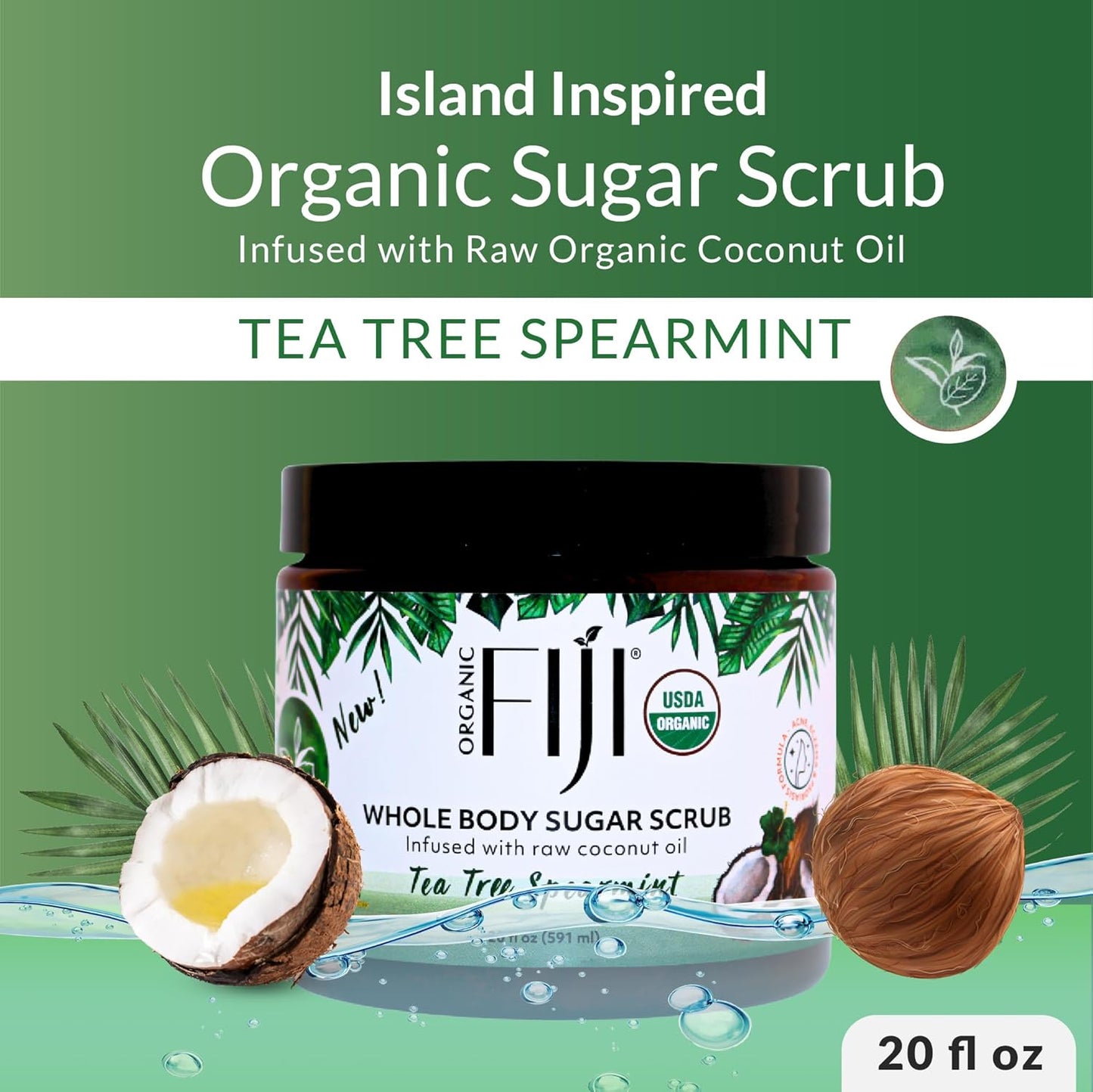 Organic Fiji Coconut Oil Infused Sugar Scrub for Face & Body 20-Ounces (20 Ounce (Pack of 1), Tea Tree Spearmint)