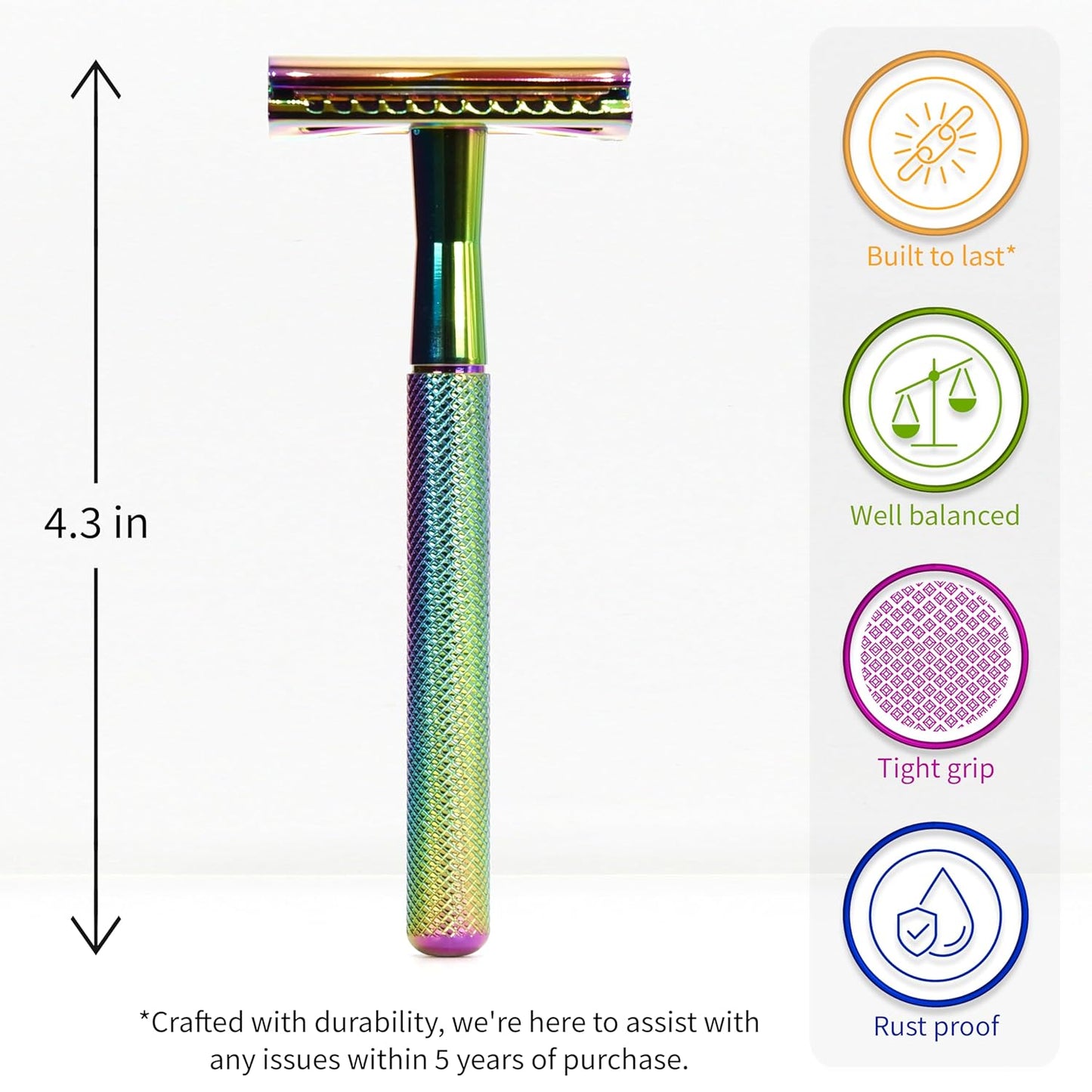 Bambaw Double Edge Safety Razor with 5 Safety Razor Blades, Women & Men’s Safety Shaving Razor, Reusable Razor, Plastic Free – Rainbow