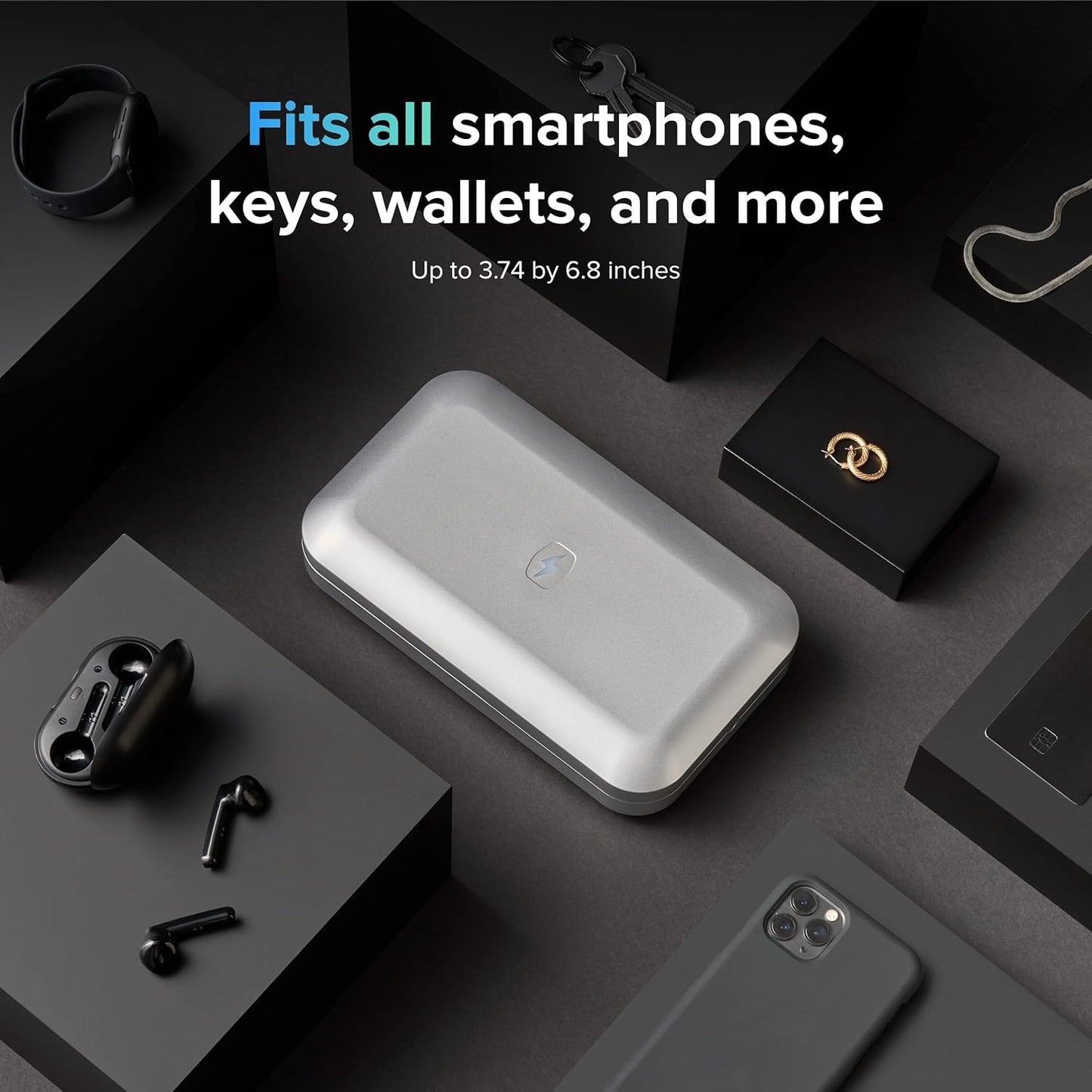 PhoneSoap 3 UV Cell Phone Sanitizer & Dual Universal Cell Phone Charger Box | Patented & Clinically Proven 360-Degree UV-C Light Sanitizer | Disinfects and Charges All Phones (Silver)