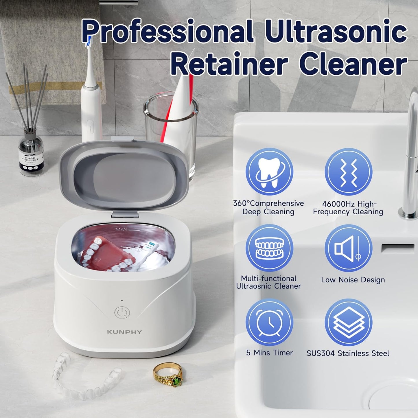 Ultrasonic Retainer Cleaner, KUNPHY 46KHz Professional Ultrasonic Jewelry Cleaner 7.5Oz, Retainer Cleaner Machine for Dentures, Braces, Aligner, Dental Appliances (White)