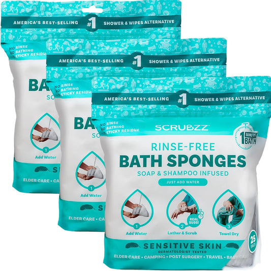 Scrubzz Disposable No Rinse Bathing Wipes for Sensitive Skin - All-in-1 Single Use Shower Wipes, Simply Dampen, Lather, and Dry Without Shampoo or Rinsing (Sensitive Skin, 3-Pack)