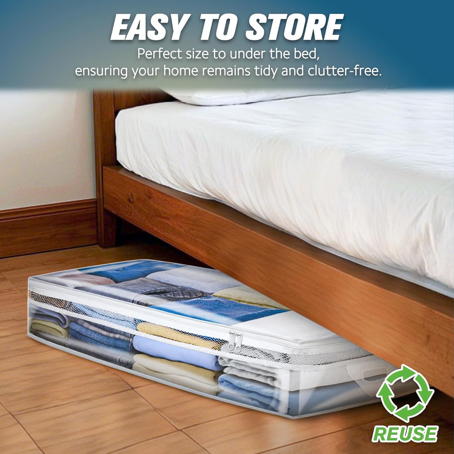 HIBAG 20 Gallon Under Bed Storage Containers, Underbed Clothing Storage Bins, Clear Plastic Organizer with Reinforced Handles, for Clothes Comforters Blankets Towels Pillows Bedding (2 Pack)