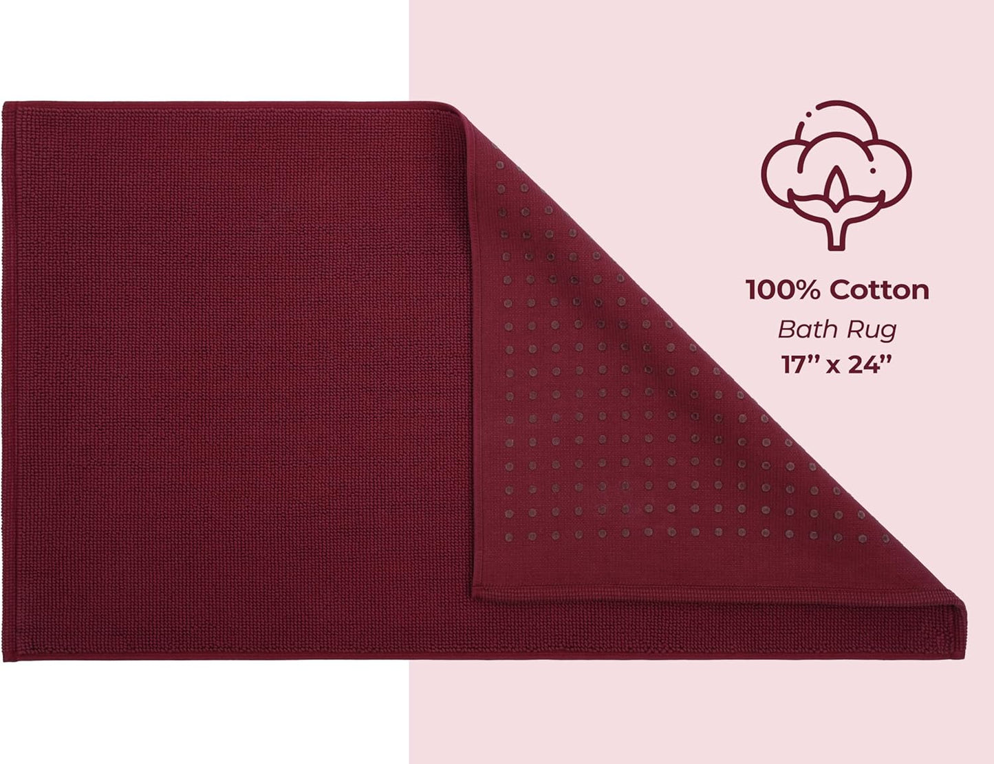 American Soft Linen Bath Rug, 17 in 24 in 100% Cotton Bath Mats Rugs for Bathroom, Slip Reducer Washable Shaggy Form Area Rugs, Burgundy Red Bath Rug