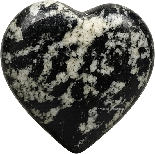 Black & White Tourmaline Crystal Heart Palm Stone - Pocket Massage Worry Stone for Natural Body Chakra Balancing, Reiki Healing and Crystal Grid