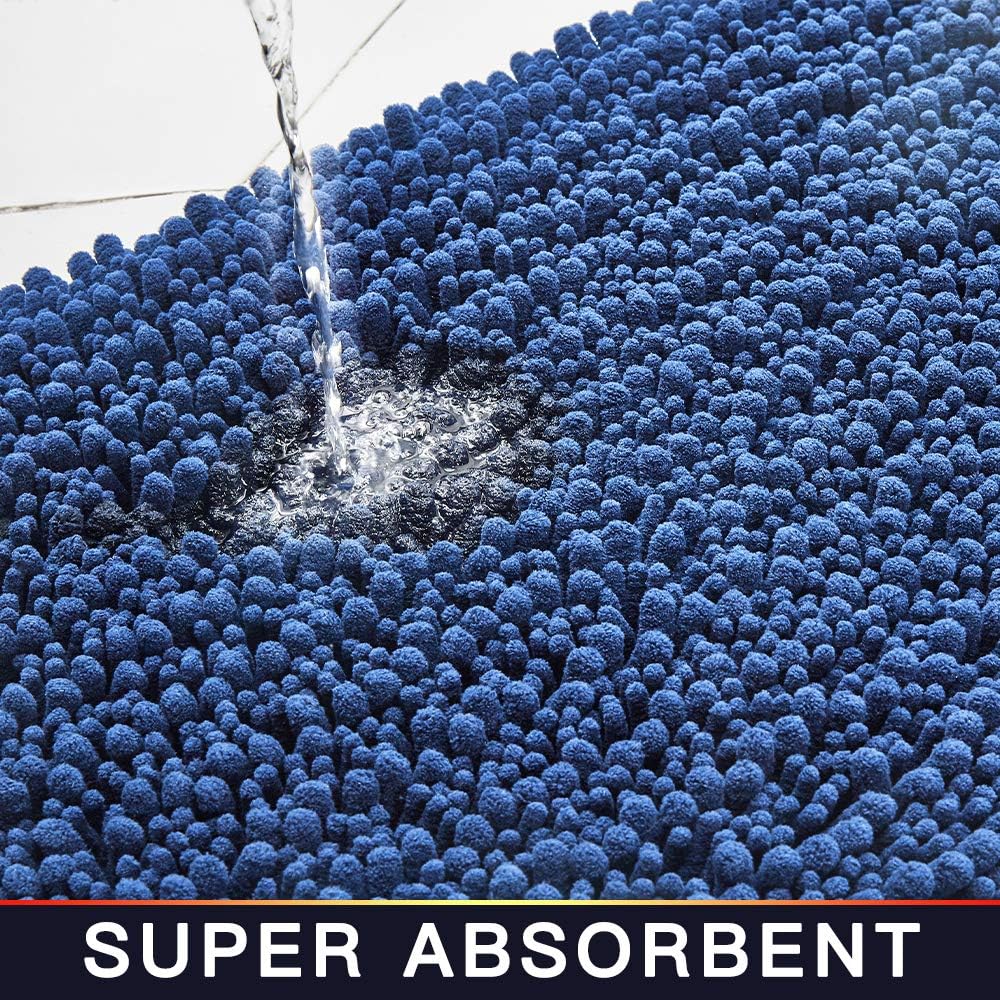 Walensee Bathroom Rug Non Slip Bath Mat (32x20 Dark Blue) Water Absorbent Super Soft Shaggy Chenille Machine Washable Dry Extra Thick Perfect Absorbant Best Large Plush Carpet for Shower Floor