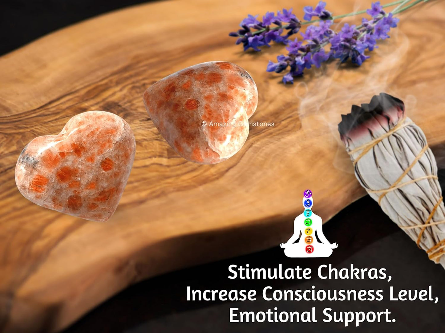 Amazing Gemstone Sunstone Crystal Heart Palm Stone - Pocket Massage Worry Stone for Natural Body Chakra Balancing, Reiki Healing and Crystal Grid