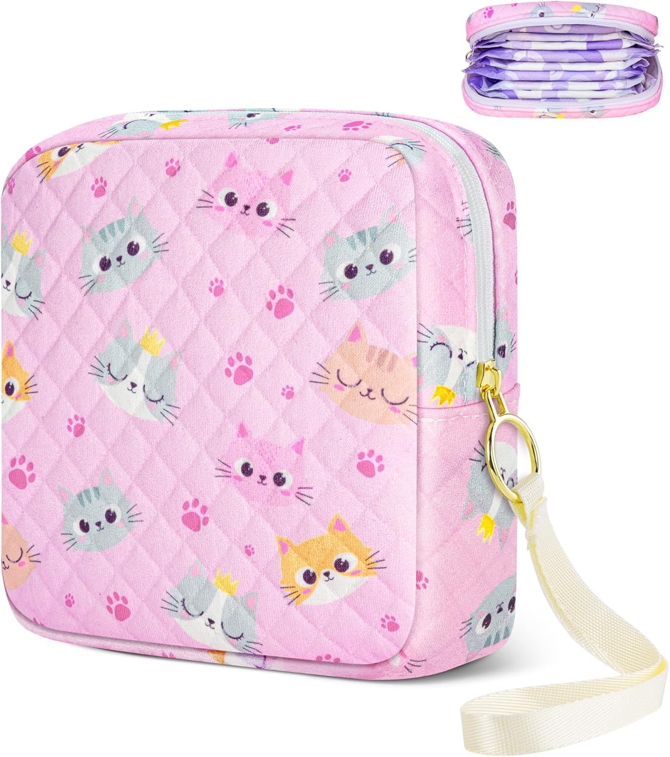 Tampon Holder for Purse, Quilted Period Bag Sanitary Napkin Storage Bag for Girls Womens, Portable Feminine Emergency Pad Period Pouch(Pink Cat)