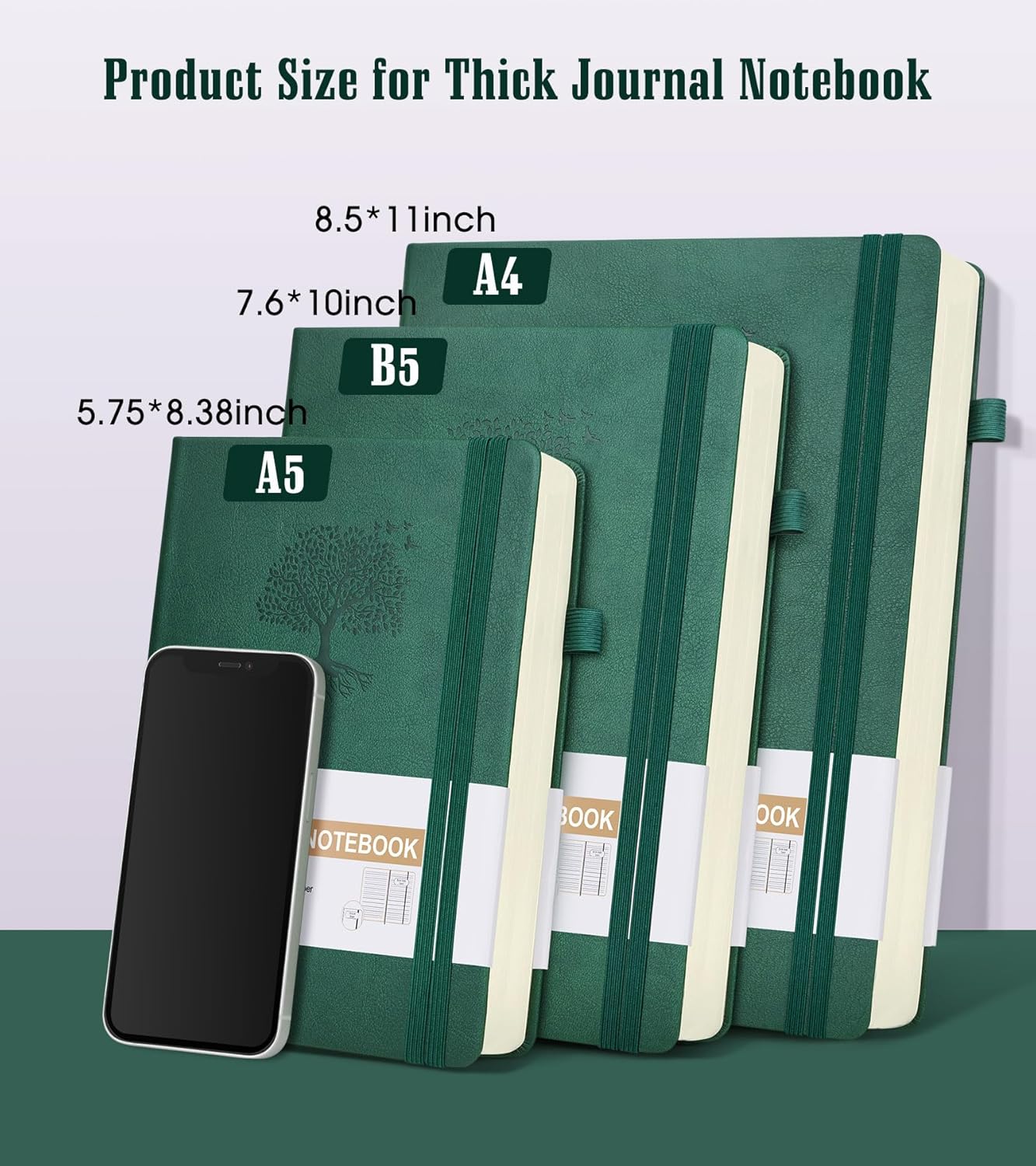 Lined Journal Notebook, 365 Pages B5 Large Journals for Writing Ruled Notebook, Hardcover Leather Journal for Women Men, Daily Notebook for Work, Note Taking, 100Gsm Thick Paper( 7.6'' X 10'' Green)