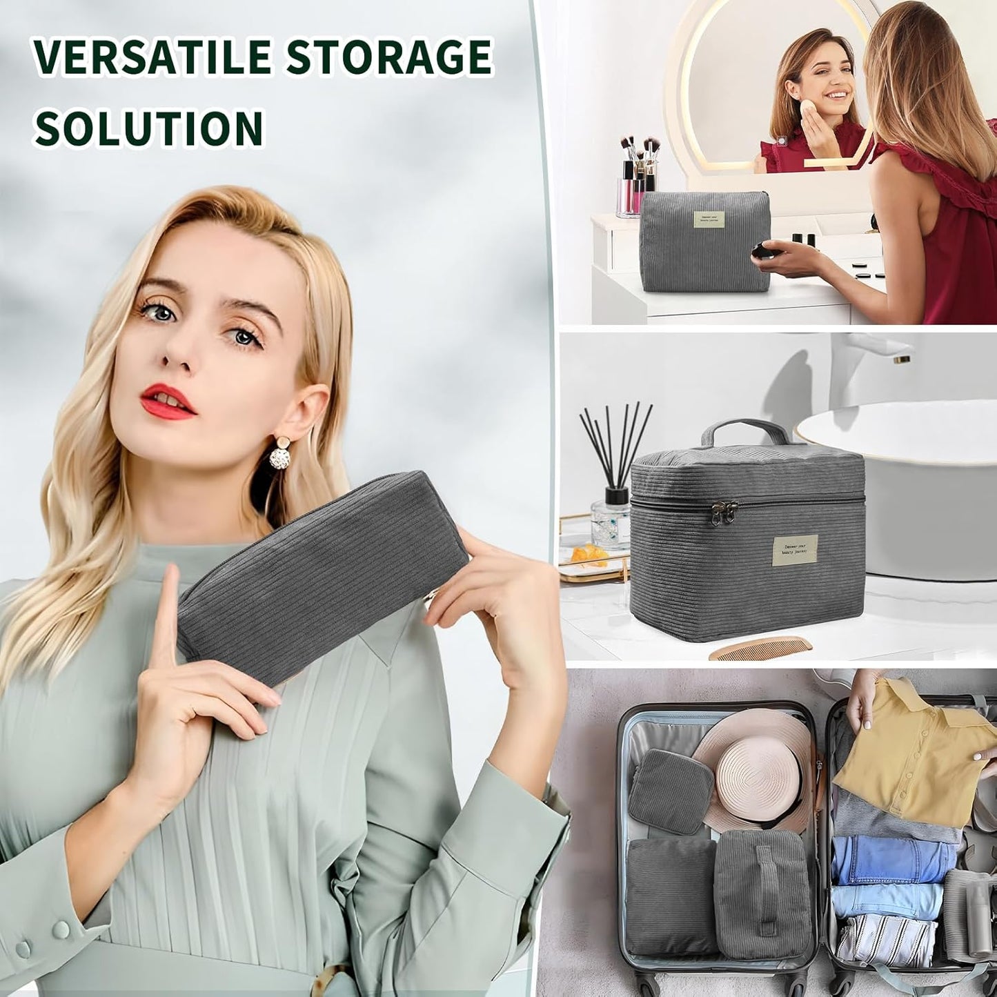 4 Pcs Makeup Bag for Women Corduroy Cosmetic Bag Aesthetic Cute Bags Multi Size Purse Pouch Travel Toiletry Bag Set Makeup Organizer with Zipper (08-Gray)