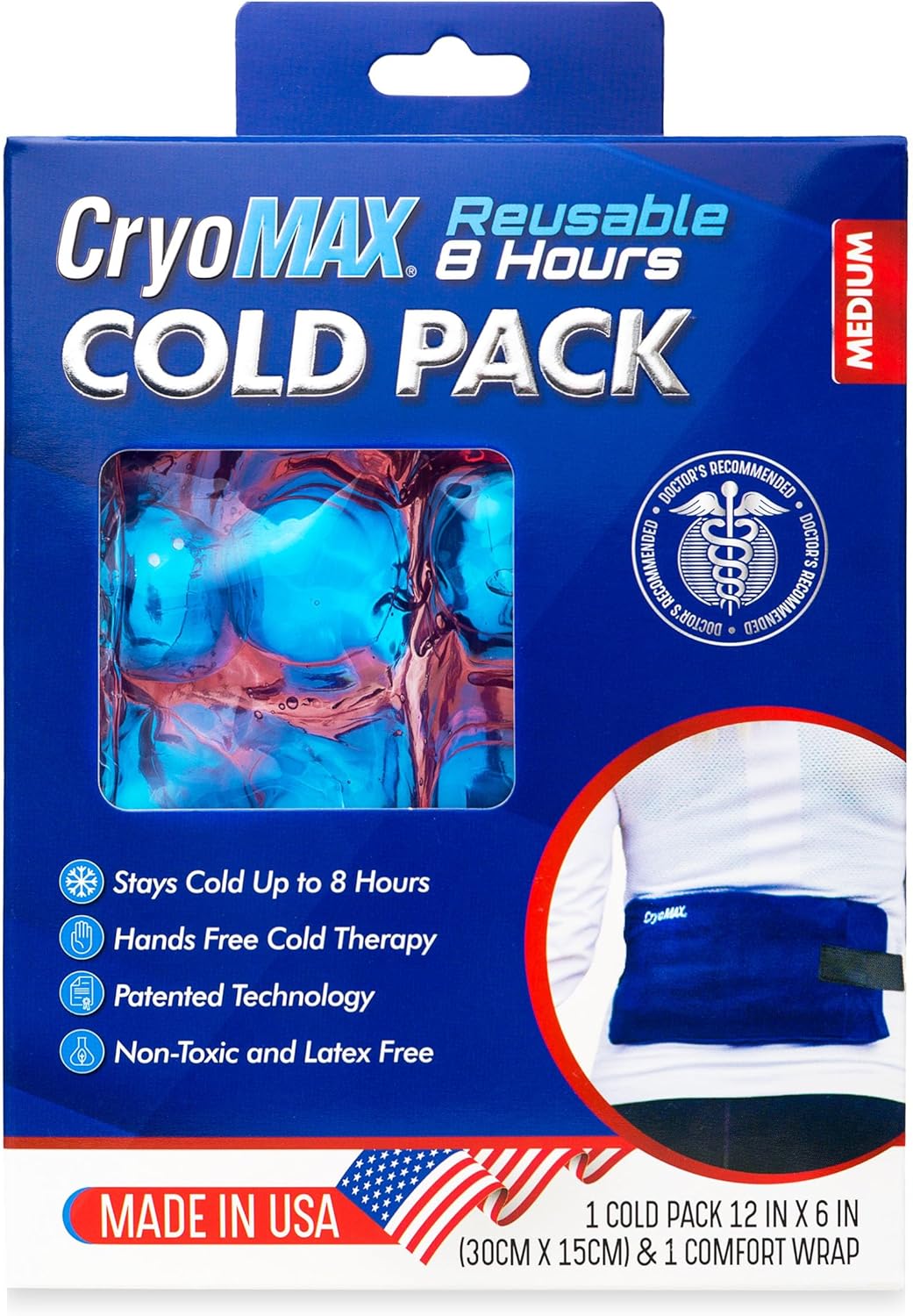 Cryo-Max Cold Pack, 8 Hour Reusable Cold Therapy Ice Pack for Elbows, Knees, Neck + More, Medium, 6" x 12" (1 Count)