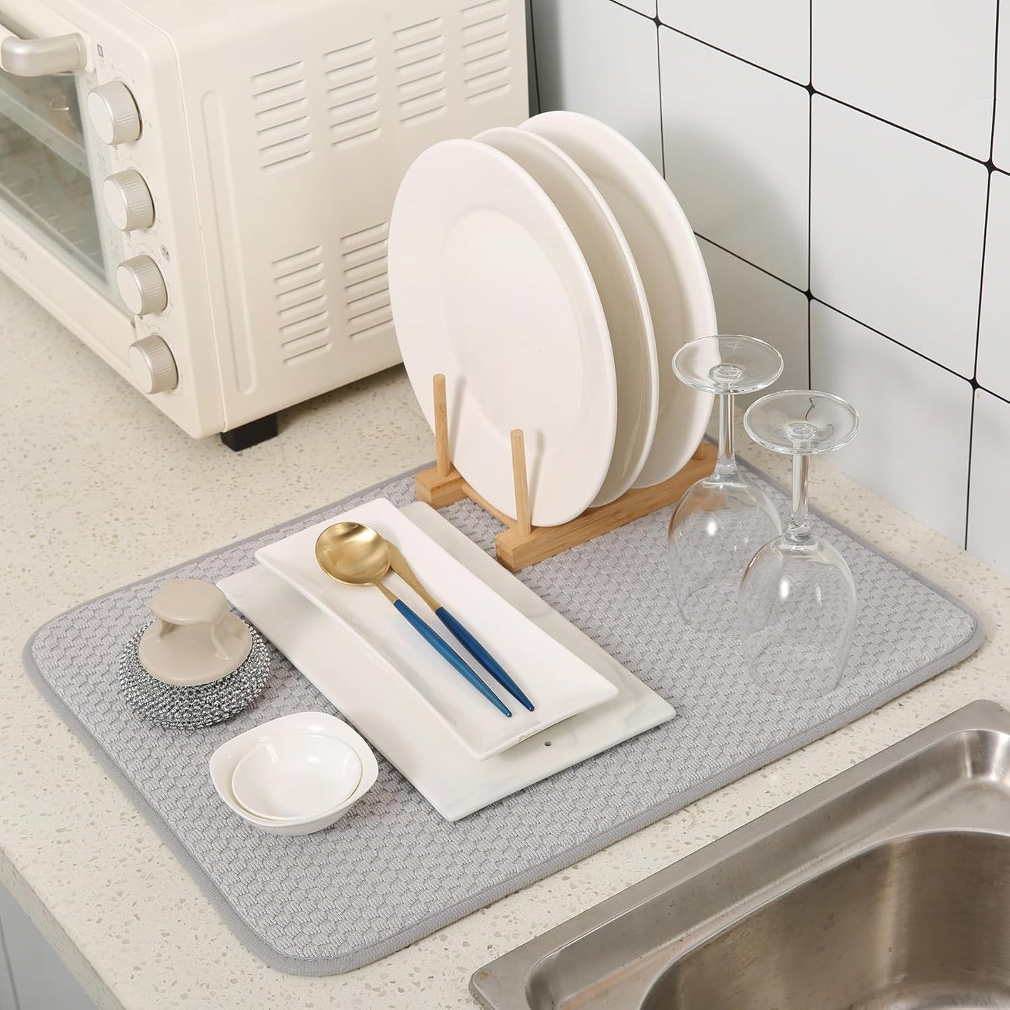 2 Pack Microfiber Dish Drying Mat for Kitchen Counter,Ultra Absorbent Dish Drainer Mat ,Dish Drying Pad , Dish Rack Mat 20×15 Inch (Silver Gray)