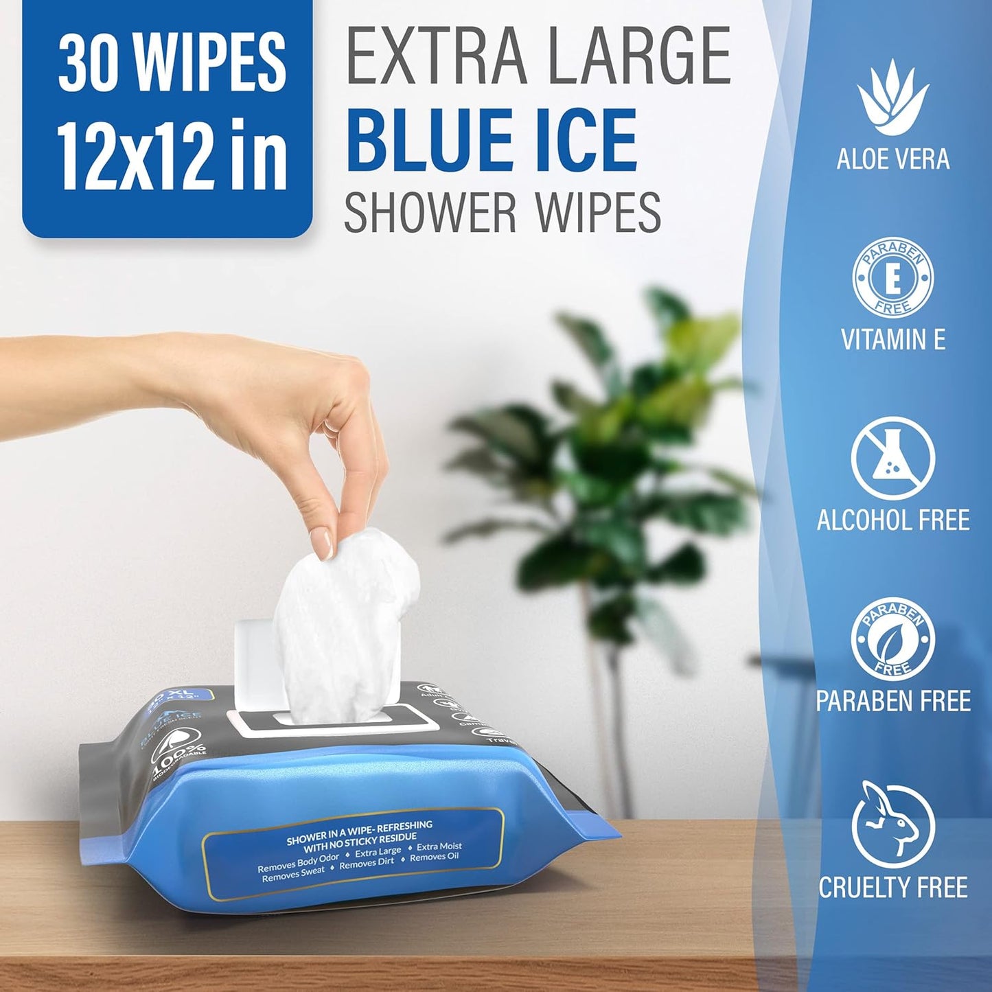 XXL Body Wipes for Face and Body, Deodorizing Men's Shower Wipes for Camping, Travel, and After Workout, 12x12 Blue Ice Scented 30 Pack