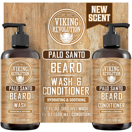 Viking Revolution Palo Santo Beard Wash and Beard Conditioner Set with Argan and Jojoba Oils - Softens and Strengthens - Natural Palo Santo Scent - Beard Shampoo with Ginseng Root Extract (17 oz)