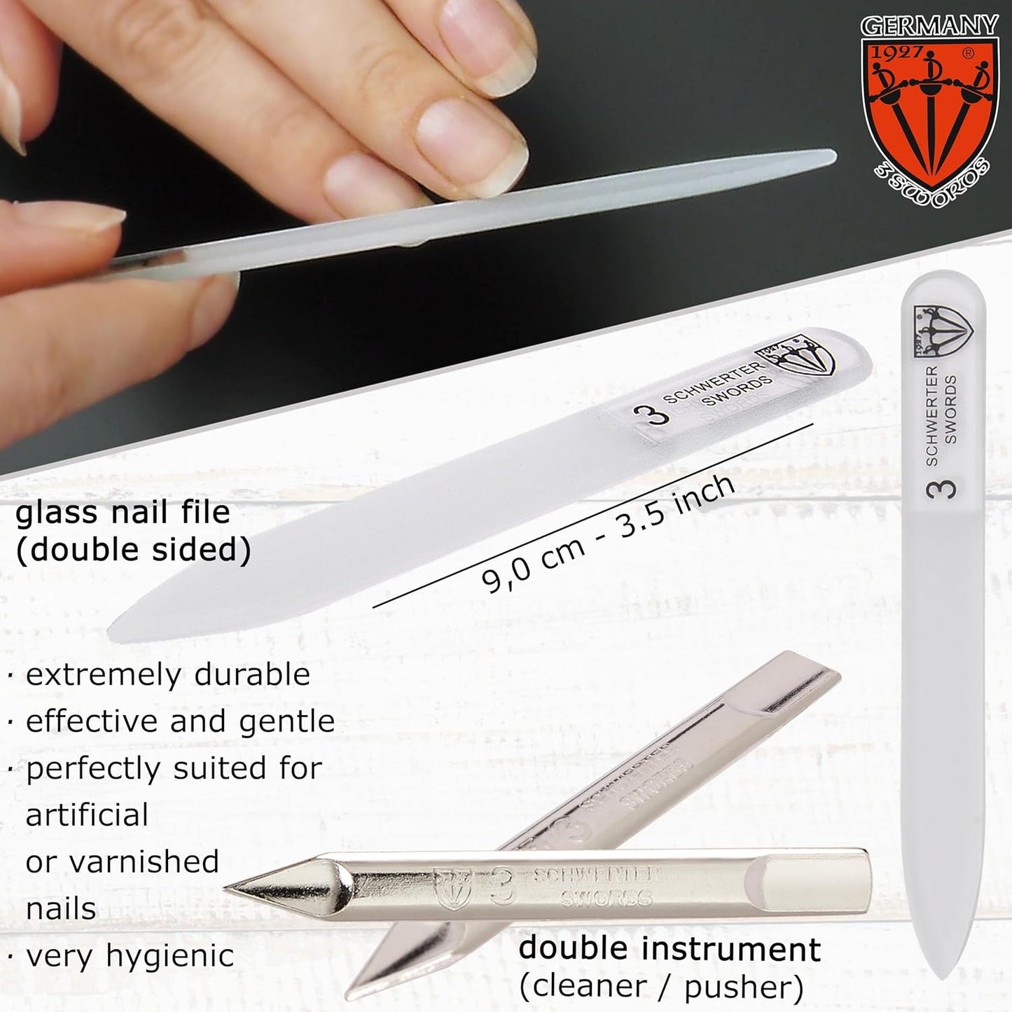 3 Swords Germany - Brand Quality 6 Piece Manicure Pedicure Grooming kit Set - Scissors, Metal and Glass Nail File, Clipper, Tweezers with Synthetic Leather case - Chequered