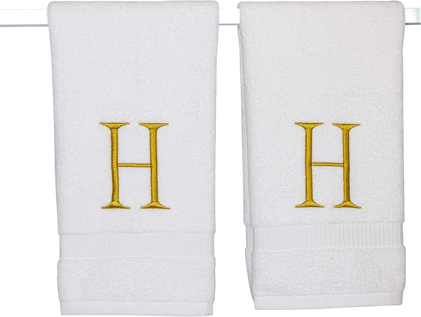Monogrammed Hand Towels for Bathroom - Luxury Hotel Quality Personalized Initial Decorative Embroidered Bath Towel for Powder Room, Spa - GOTS Organic Certified - Set of 2 Gold Letter H