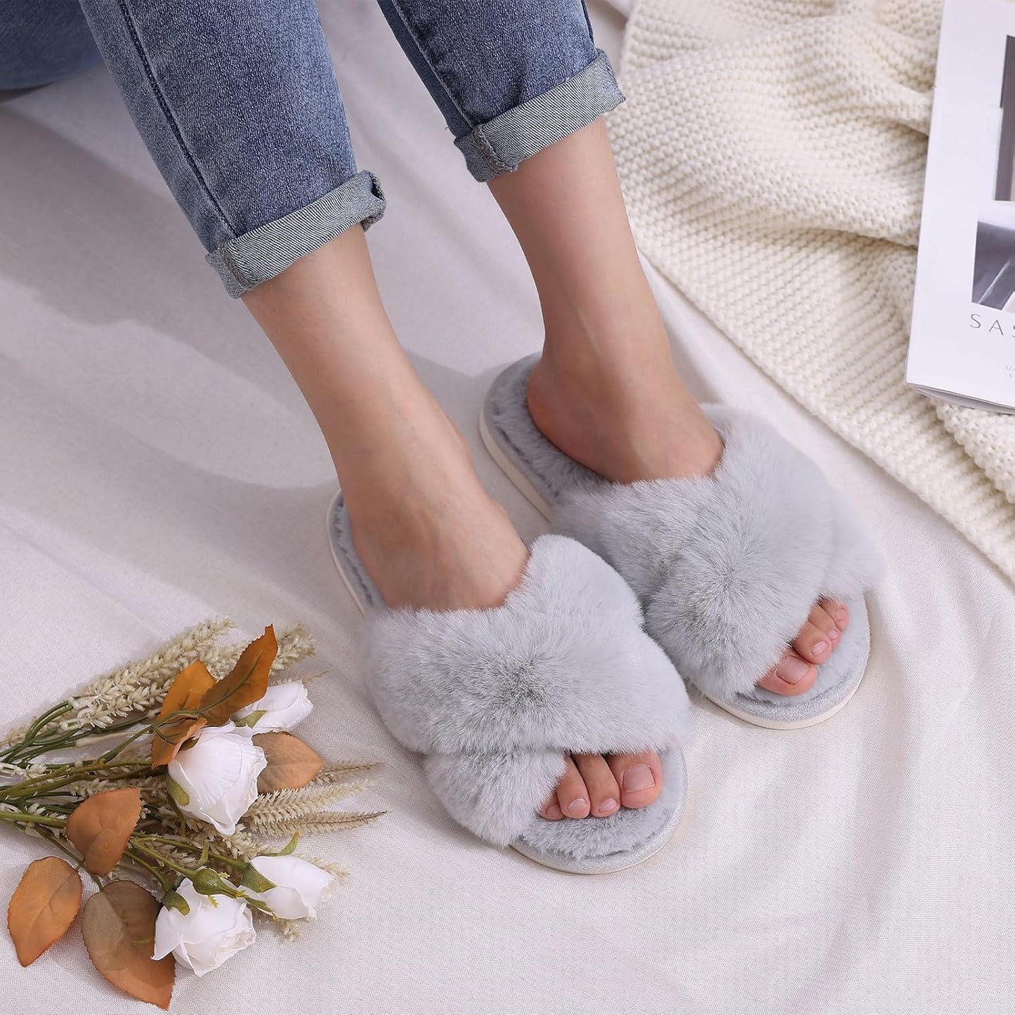 Evshine Women's Fuzzy Slippers Cross Band Memory Foam House Slippers Open Toe