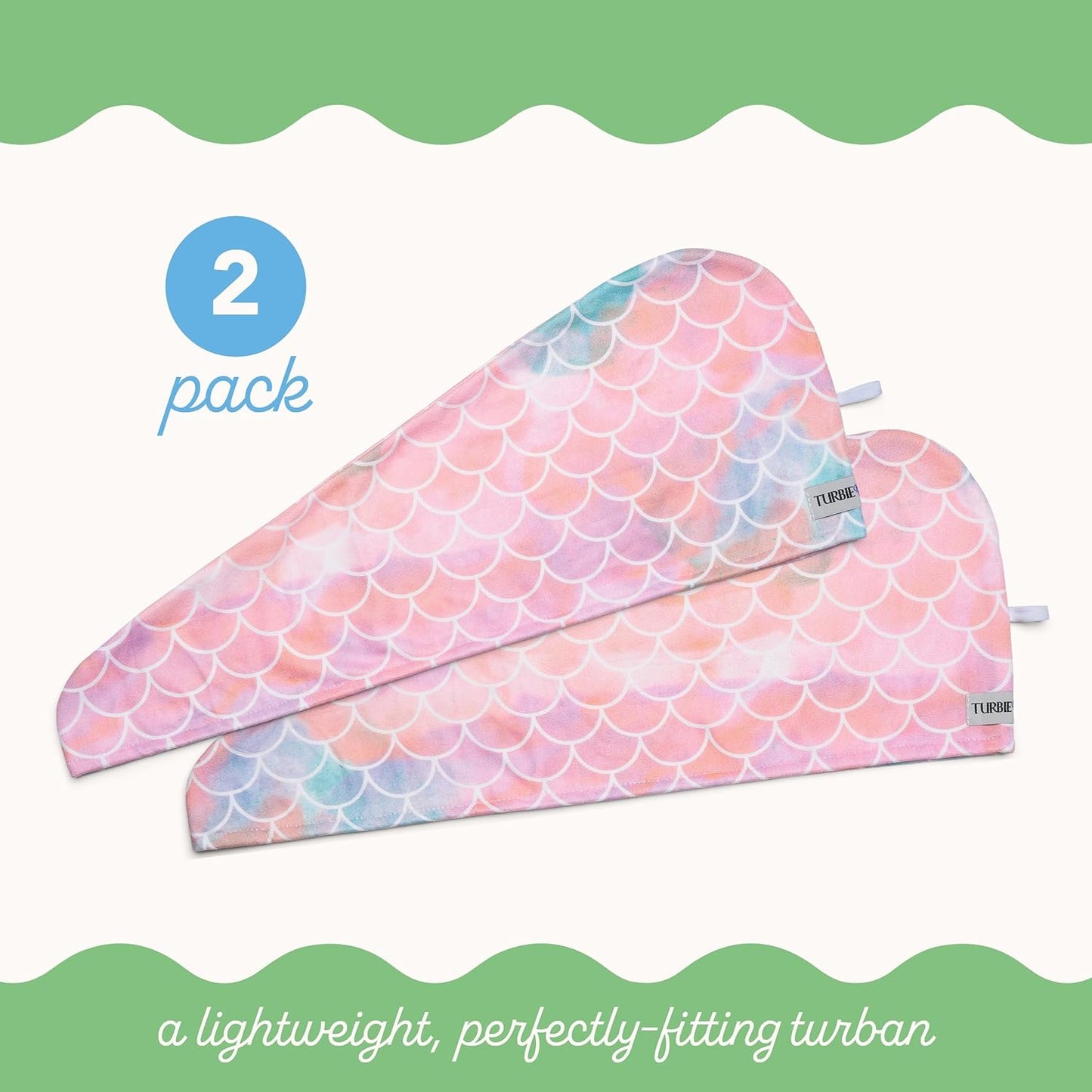 Turbie Twist 2-Pack Microfiber Hair Towel for Beauty, Travel, Gifting - Hair Wrap Turban for Straight, Wavy & Curly Hair - Premium Personal Care - Mermaid