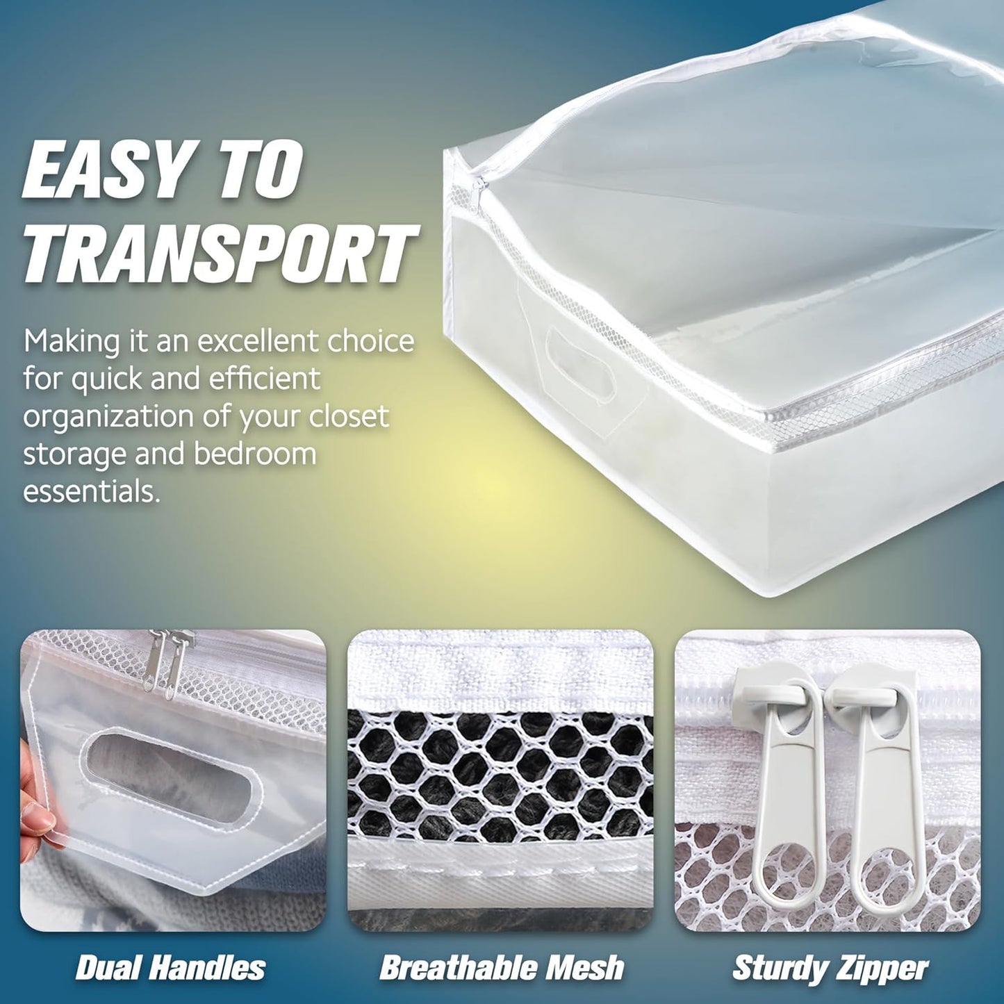 HIBAG 20 Gallon Under Bed Storage Containers, Underbed Clothing Storage Bins, Clear Plastic Organizer with Reinforced Handles, for Clothes Comforters Blankets Towels Pillows Bedding (2 Pack)