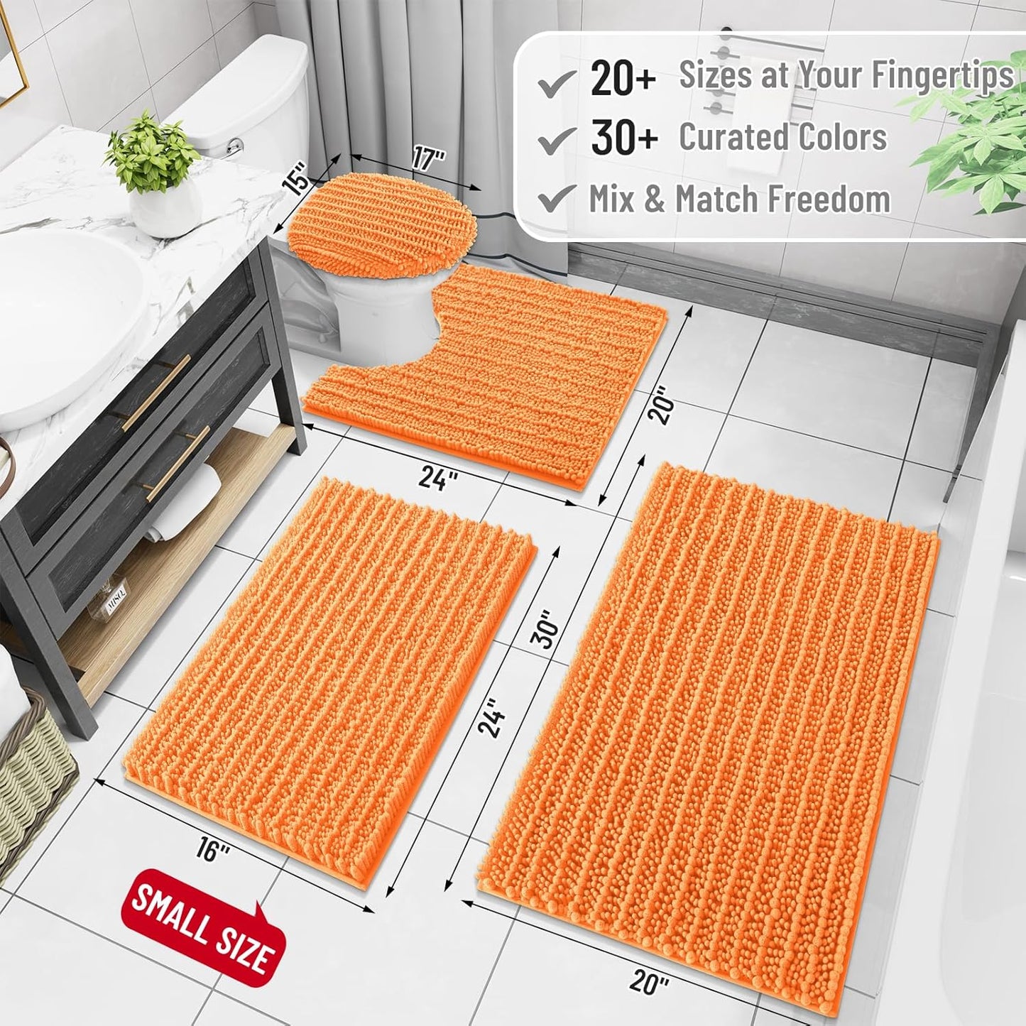 Arotive Luxury Chenille Bathroom Rug Mat, Extra Soft Thick Absorbent Shaggy Bath Rugs, Non-Slip Machine Wash Dry, Plush Bath Mats for Bathroom, Shower and Tub, 24x16, Orange