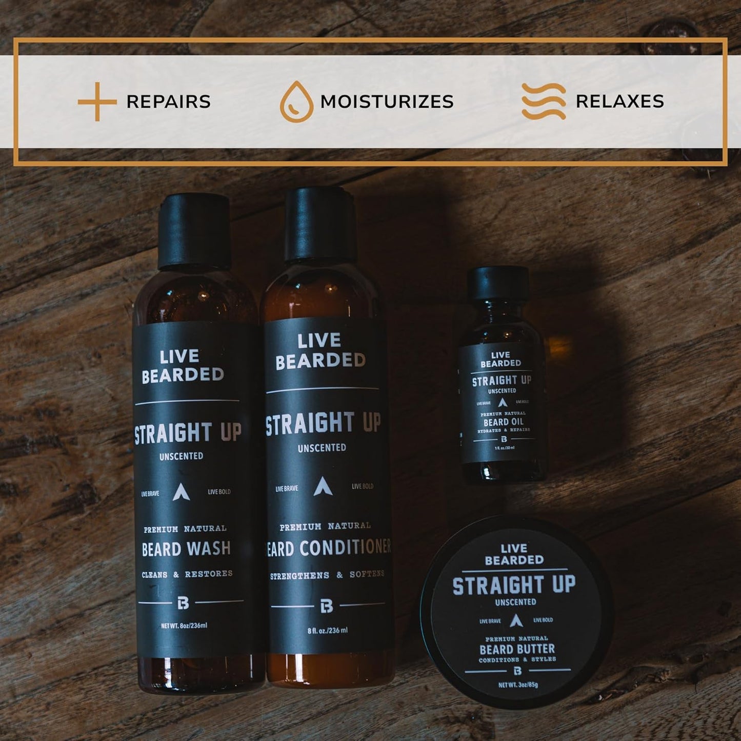 Live Bearded Complete Beard Grooming Kit - Wash, Conditioner, Butter and Oil - Made in the USA with All-Natural Ingredients - Mens Groom Set | Straight Up Unscented - Fragrance-Free