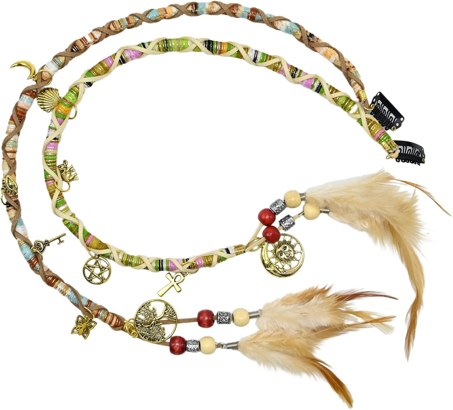 2 PCS Hippie Hair Extension Dreadlocks Hairclip Feather Beads Pendant Dread Wrap Hair Fall Hair Wrap Colorful Accessories for Dreads Braids Curls