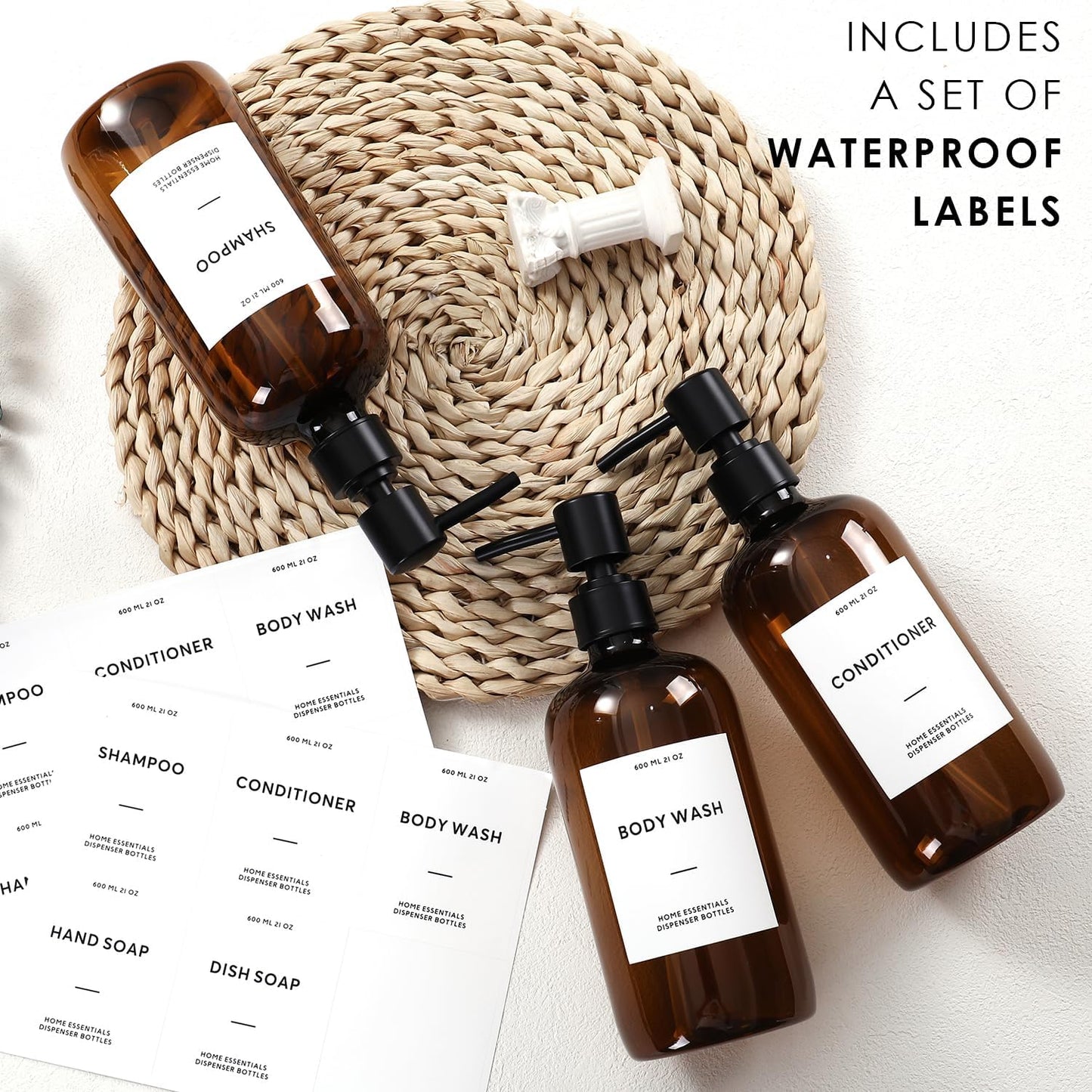 HOMCDALY Shampoo and Conditioner Dispenser, 21oz 3-Pack Refillable Shampoo and Conditioner Bottles, Shower Soap Bottles with Pump and Labels, Bathroom Shower Dispenser（21oz-Brown）