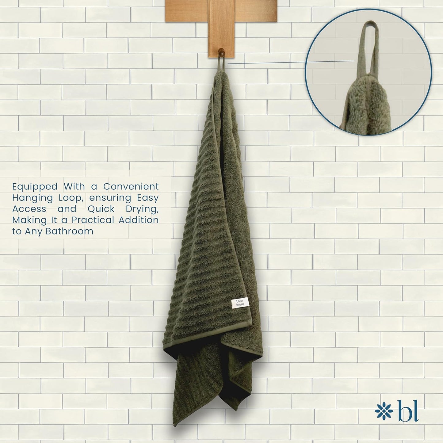 Blue Loom Ribbed Bath Towels Set, 100% Cotton 600 GSM, Soft Absorbent Durable Quick Drying 2 Bath Towels for Bathroom - Mason Set of 2 Moss Green (58" x 30" Inch)