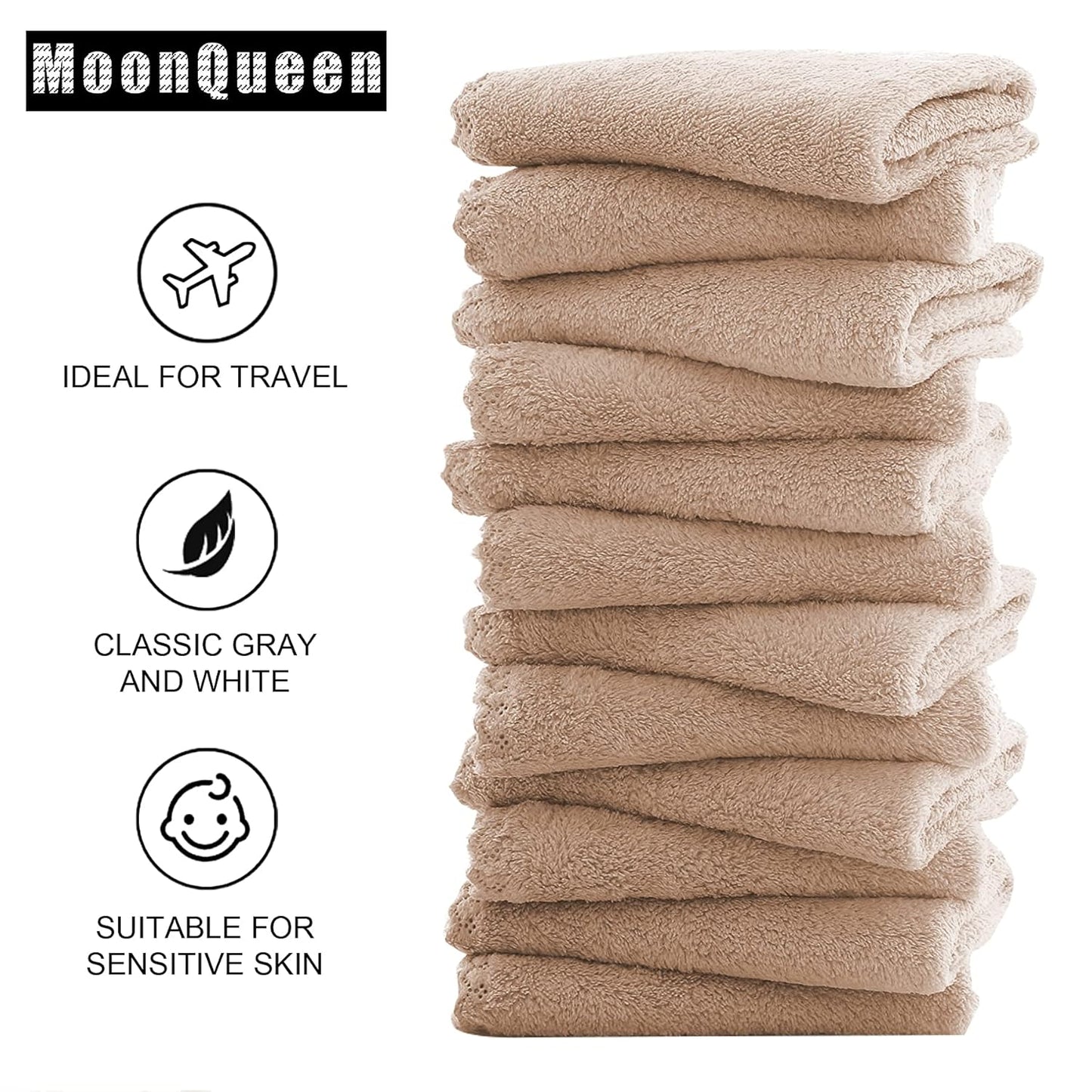 MOONQUEEN Microfiber Facial Cloths Fast Drying Washcloth 12 Pack - Premium Soft Makeup Remover Cloths - Brown