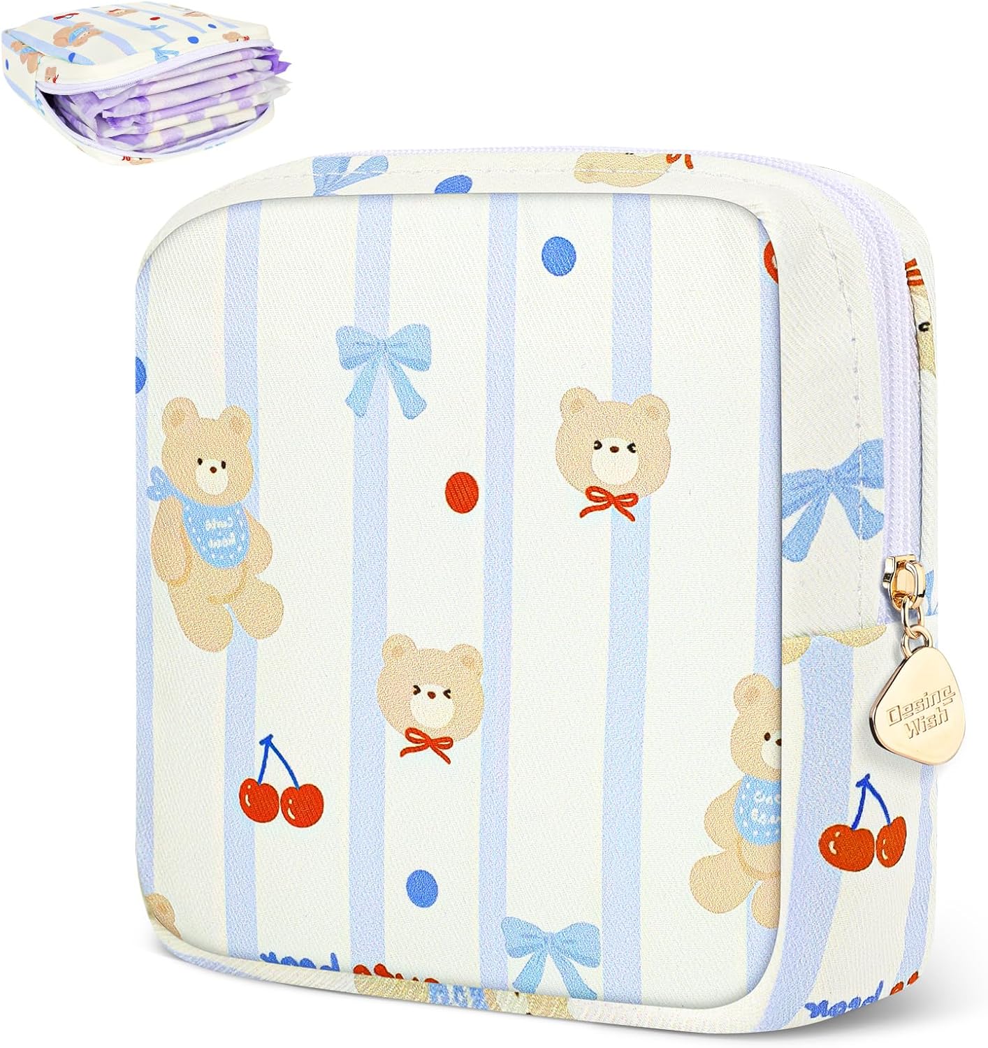 Desing Wish Sanitary Pad Storage Bag Portable Period Bag for Teen Pads/Sanitary Napkins/Small Tampons, Sanitary Napkin Storage Bag First Period Gifts for Teen Girls (Bowknot Bear)