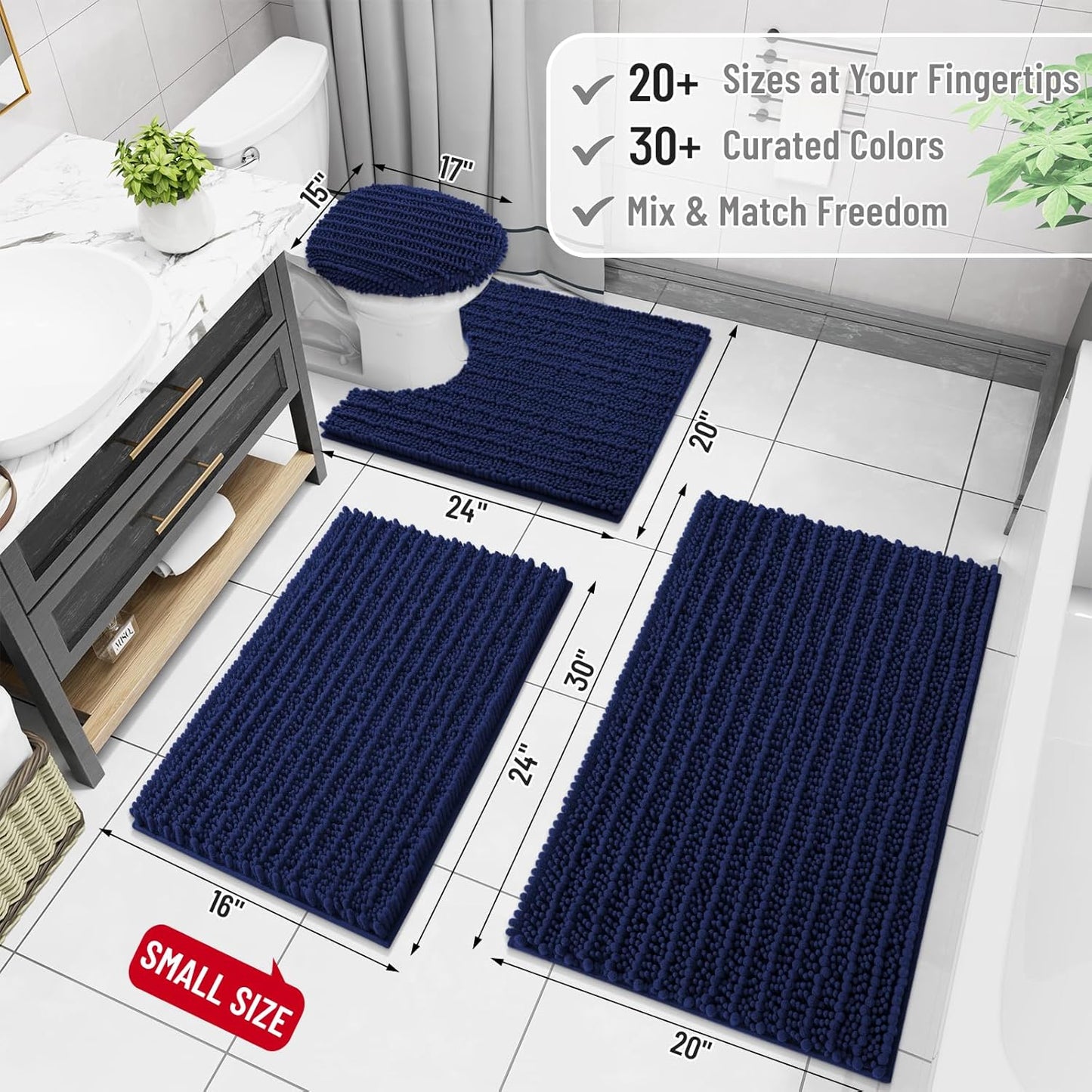 Arotive Luxury Chenille Bathroom Rug Mat, Extra Soft Thick Absorbent Shaggy Bath Rugs, Non-Slip Machine Wash Dry, Plush Bath Mats for Bathroom, Shower and Tub, 50x30, Navy