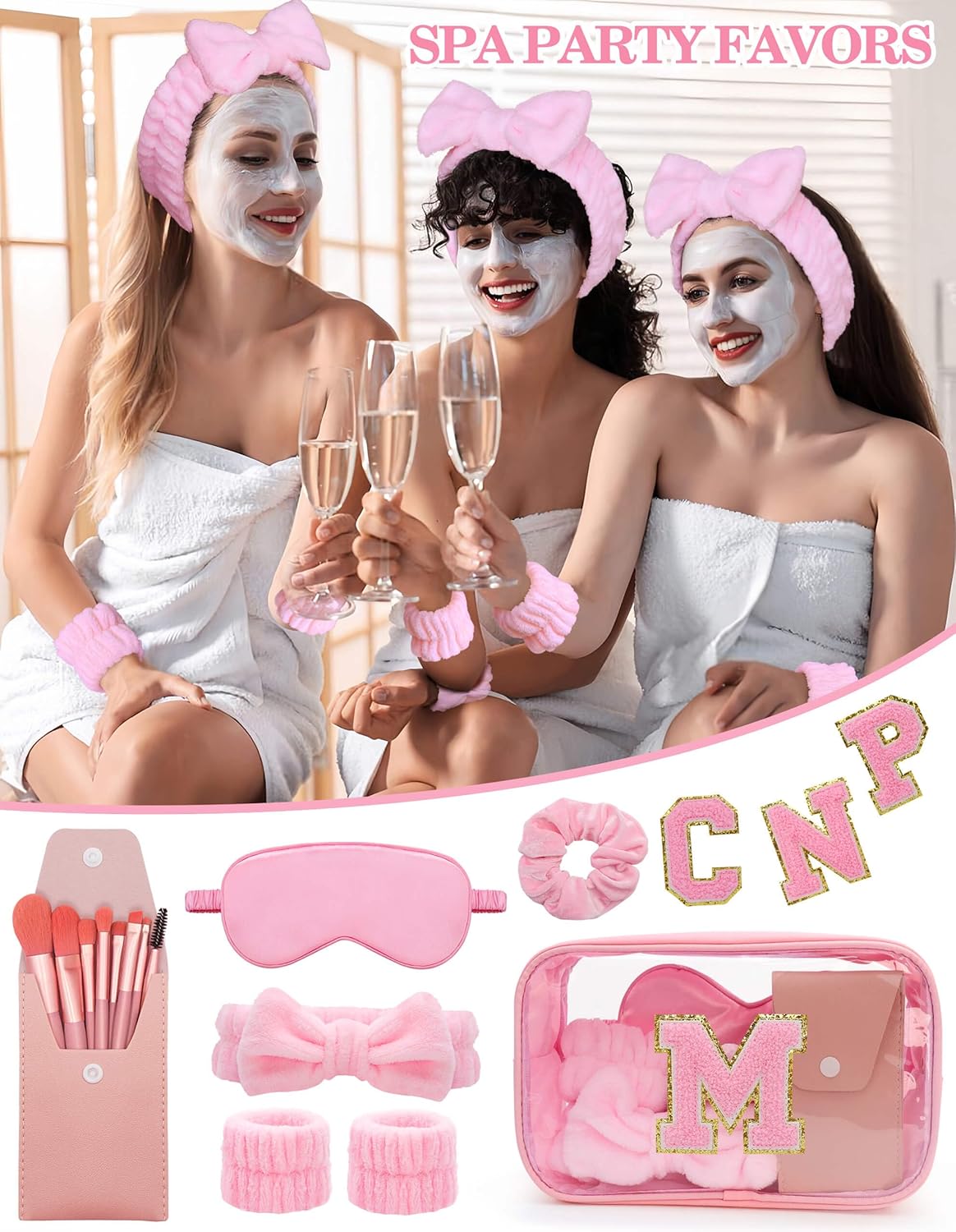 Gift Sets for Women, Initial Makeup Bag with Makeup Brush Set Bachelorette Party Favors, Pink Spa Kit with Skincare Headbands Wrist Bands Sleepover Party Supplies Gifts for Teen Girls Bridesmaid M